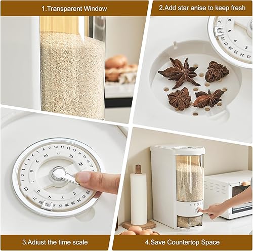 Miniatura 5 de Dispensador de arroz de 20 libras, contenedor grande de almacenamiento de arroz para cocina y despensa, ahorra espacio, humedad y a prueba de