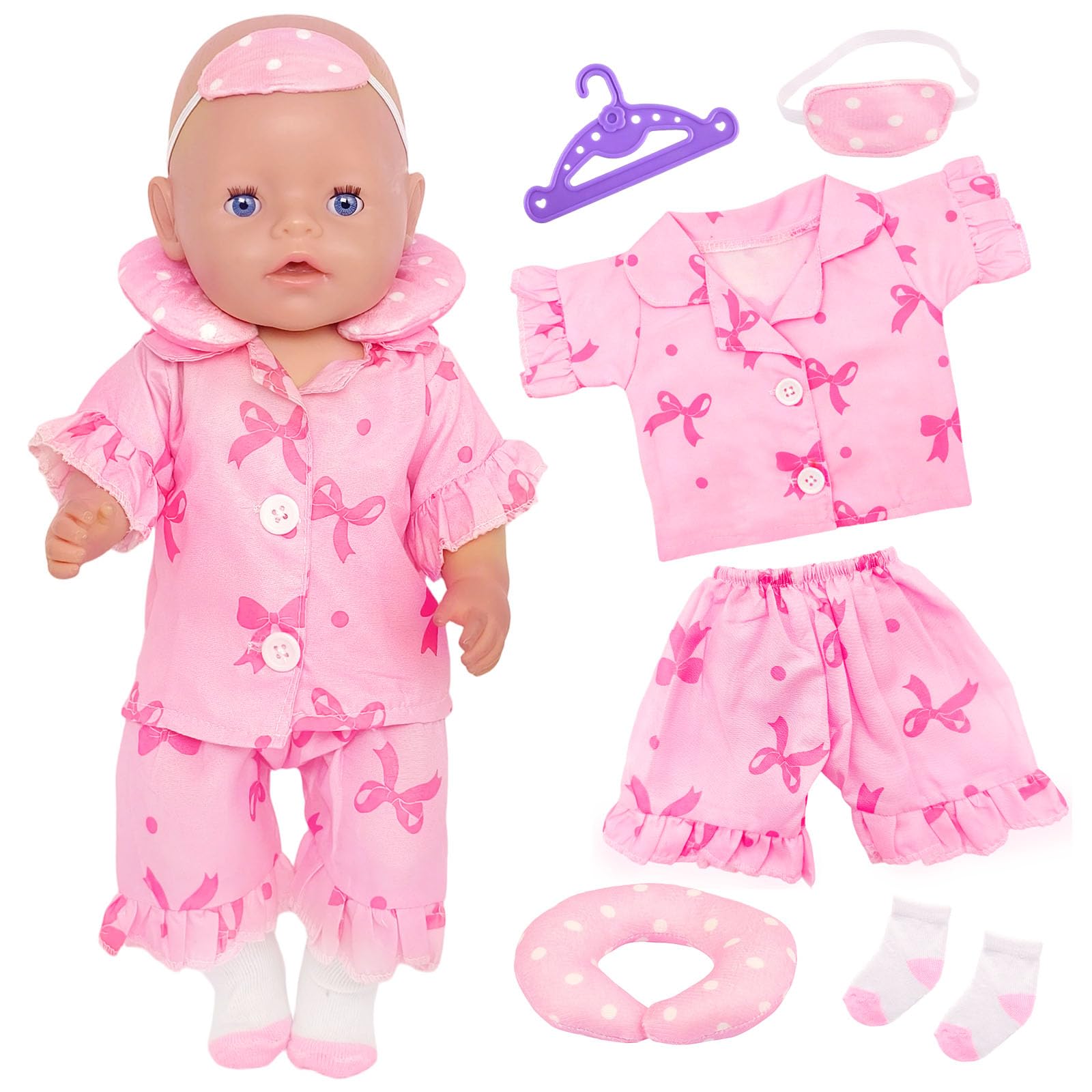 6 Pcs Baby Doll Clothes, New Doll Clothes Outfits for 14-18 Inch Baby Doll Accessories, Shorts -Sleeved Bow Pyjamas 1Pillow1Eye Mask1Socks1Hanger for 30-45 cm Set New Born Baby Dolls Girls Birthday
