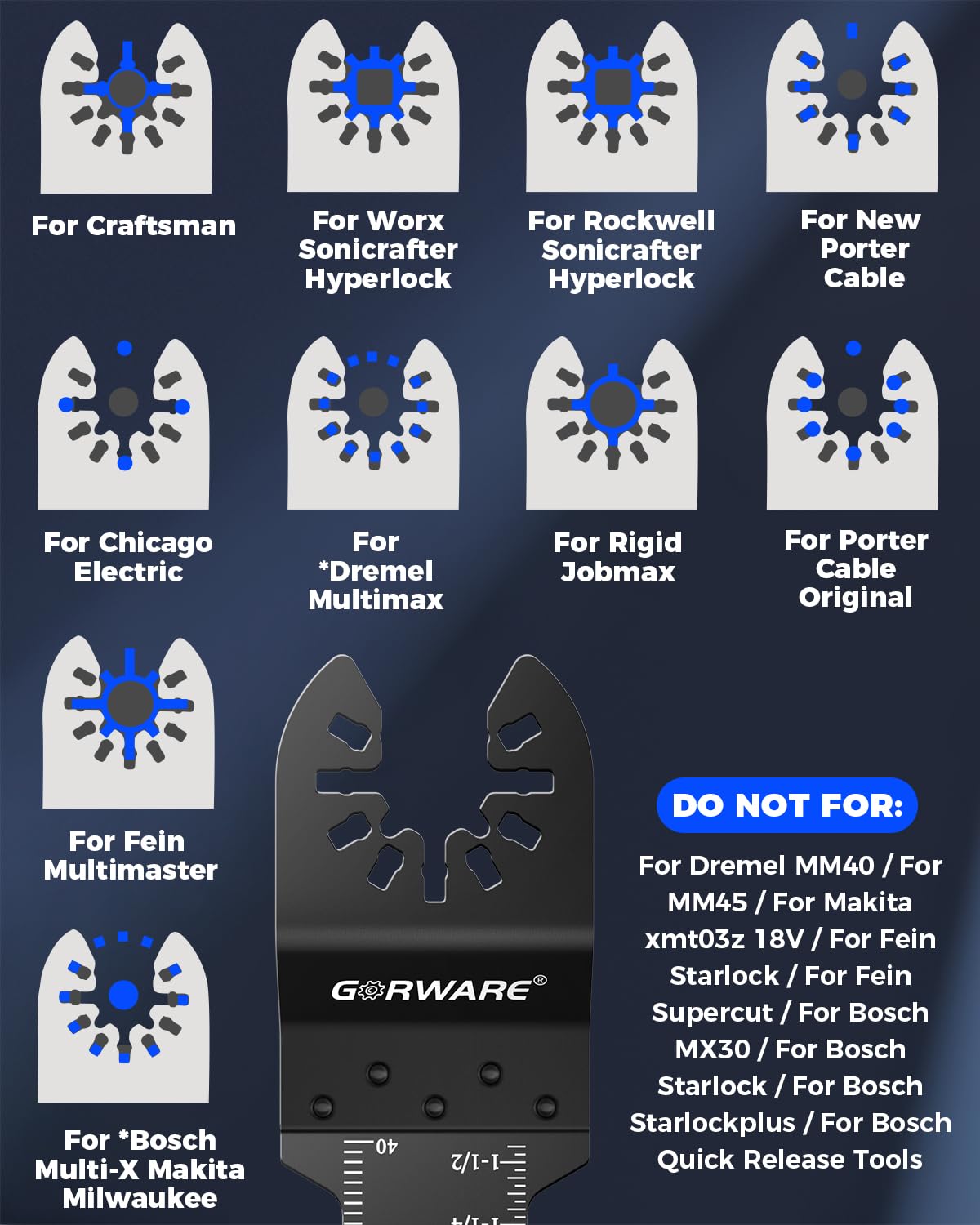 GORWARE 100 hojas de sierra oscilantes universales de madera y plástico, cuchillas multiherramienta de liberación rápida de 1-3/4 pulgadas, compatibles con Milwaukee, Dewalt, Makita, Rockwell, Ryobi,