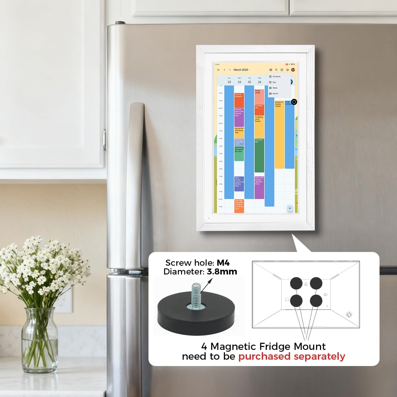 Changingtouch F16S Smart Display mounted on a refrigerator, showing magnetic mount details
