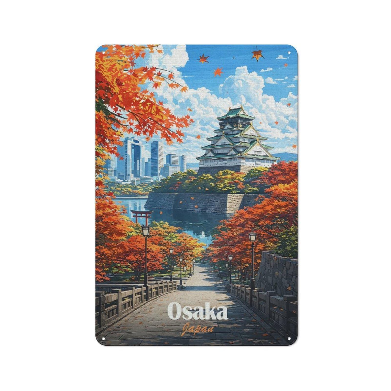 Junmoney Style-8 Vintage Metal Plaque 30X20cm Featuring Osaka Castle In Autumn, Diner Style Decor For Restaurant, Kitchen, Counter Or Breakfast Nook