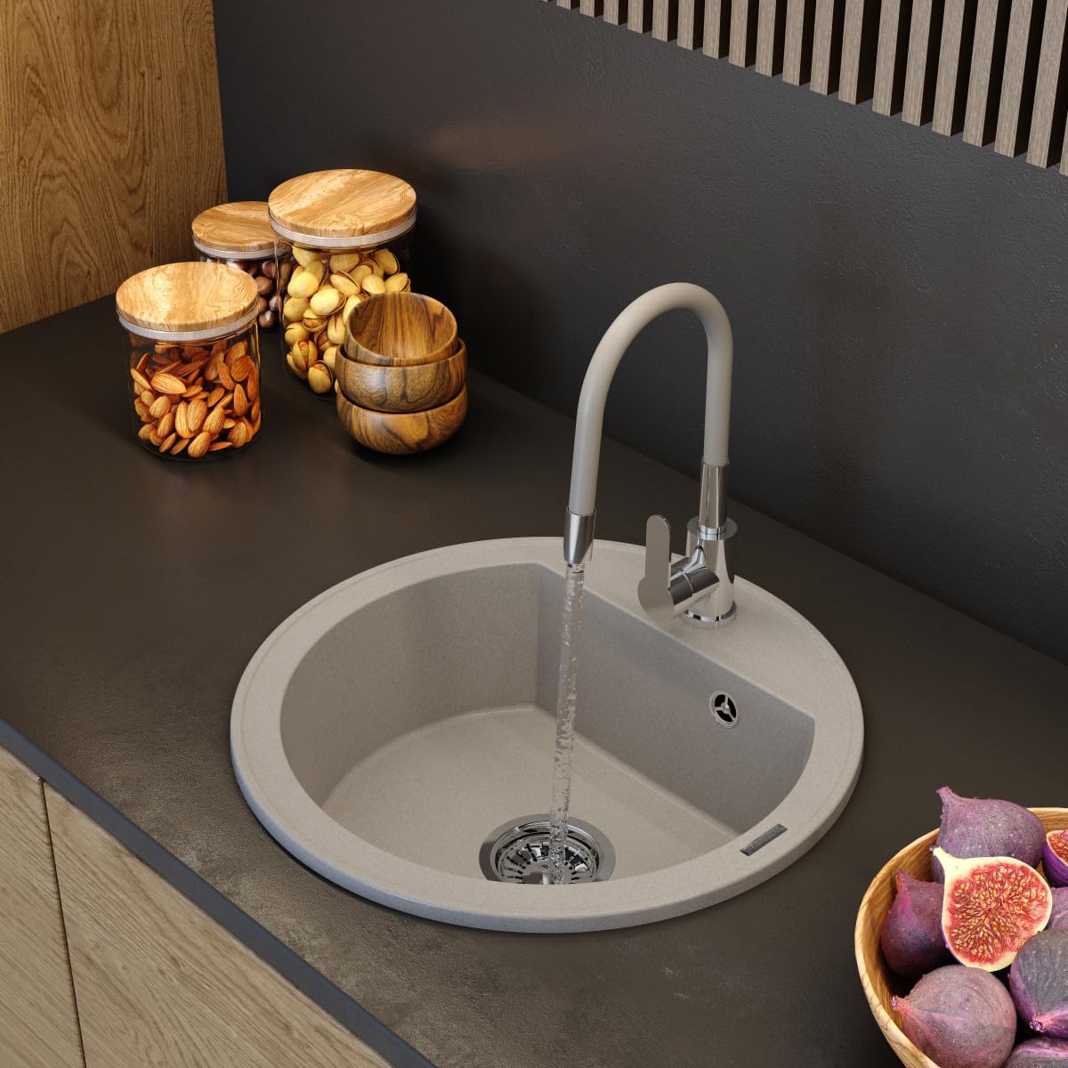 Granitan - Okrągły zlewozmywak granitowy ARNO - zlewozmywak jednokomorowy z syfonem chrom - 6 kolorów - średnica 49 cm - w zestawie GraniProtect - wysokiej jakości towarzysz kuchni