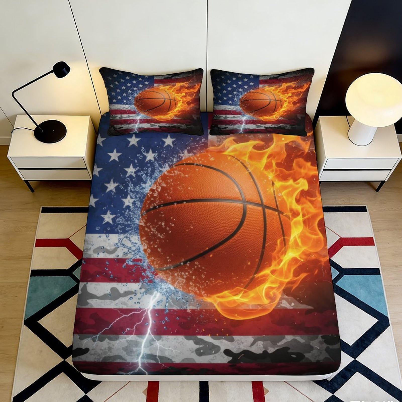Jqzkxnhpbr Style-10 3D Printed Basketball Fire Fitted Sheet Microfiber Soft Breathable American Flag Bed Cover For Bedroom Dorm Mattress Protection Decor 90X200x25cm