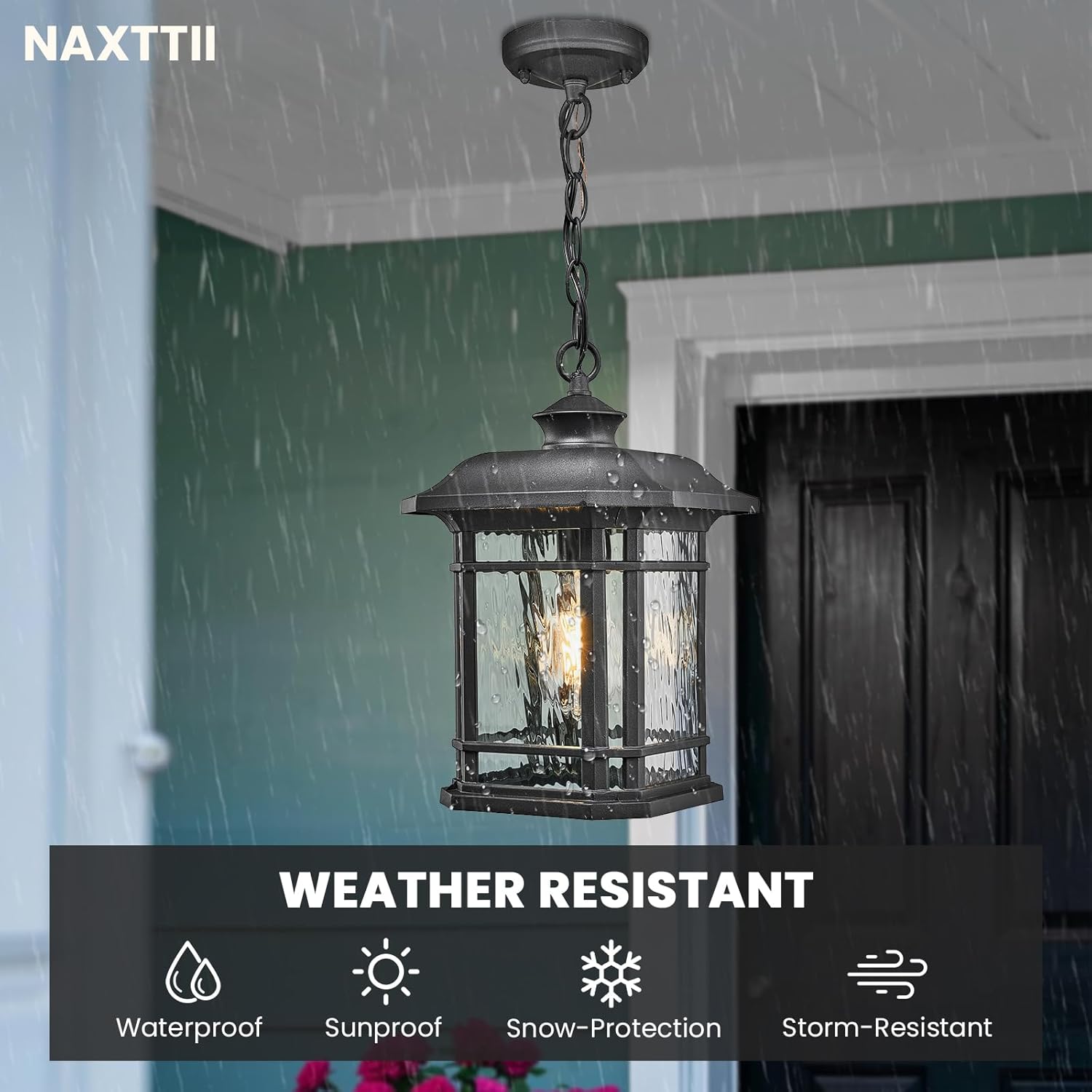 Outdoor Pendant Light Fixture Hanging Porch Light with Adjustable Chain Aluminum Frame with Tempered Water Ripple Glass Hanging Lantern for Front Door Porch Garden and Backyard