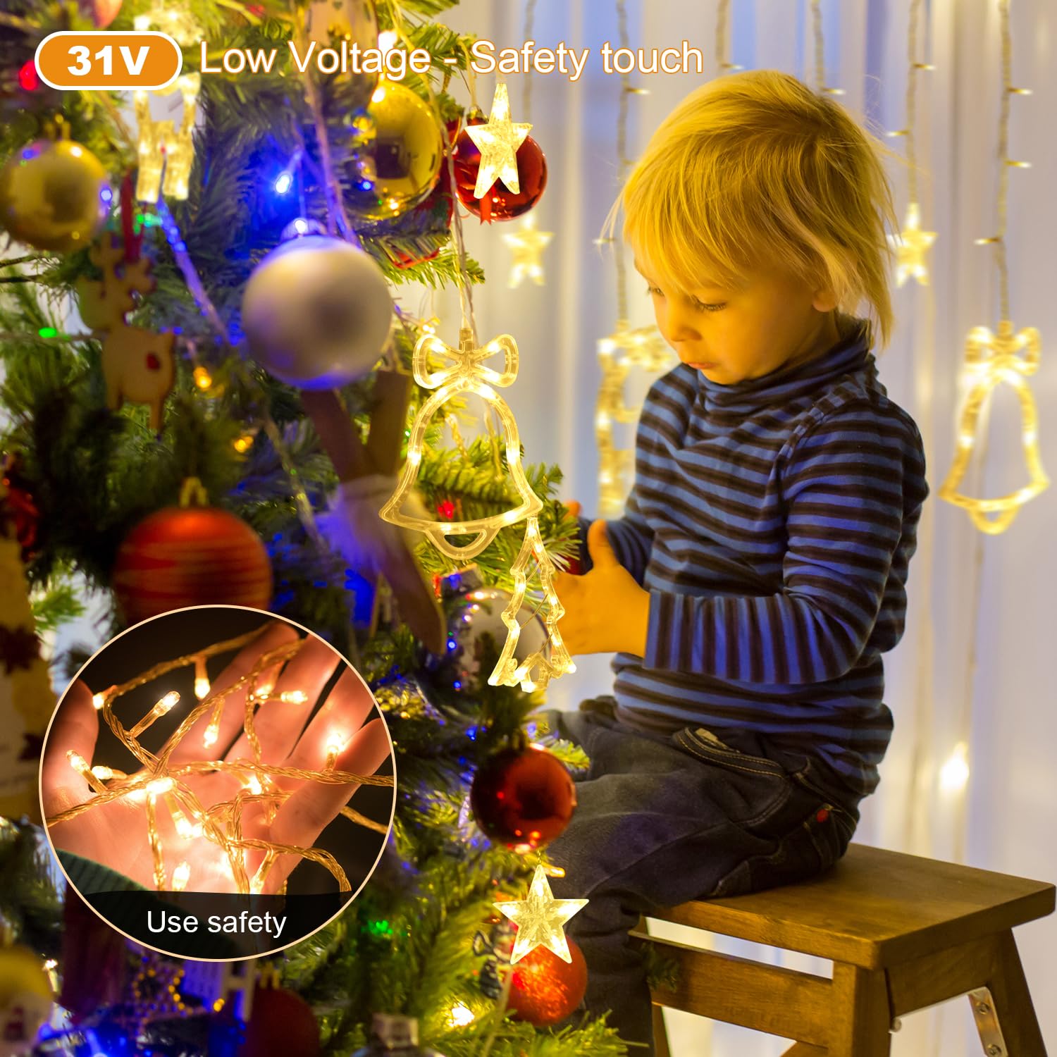 Catena Luminosa LED 2,3 Metri Con Timer - 138 LED, 8 Modalità, Motivi Natalizi Con Campane, Cervi E Stelle, Per Interni/Esterni, IP44, Bassa Tensione - 2