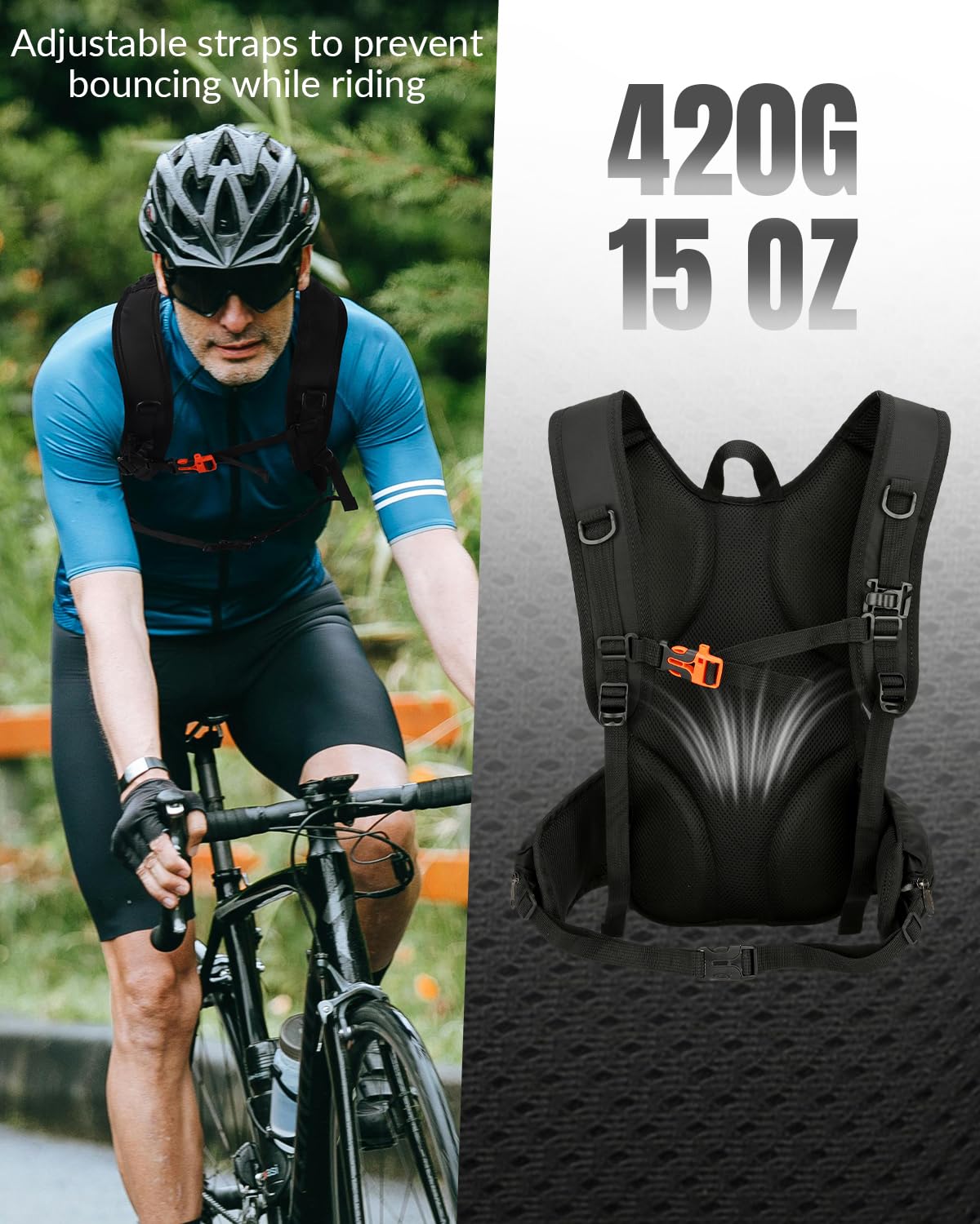 Piccolo zaino da ciclismo per idratazione con sacca d'acqua da 2 litri, zaino da trekking impermeabile da 15 litri con fibbia per casco e cinghia toracica