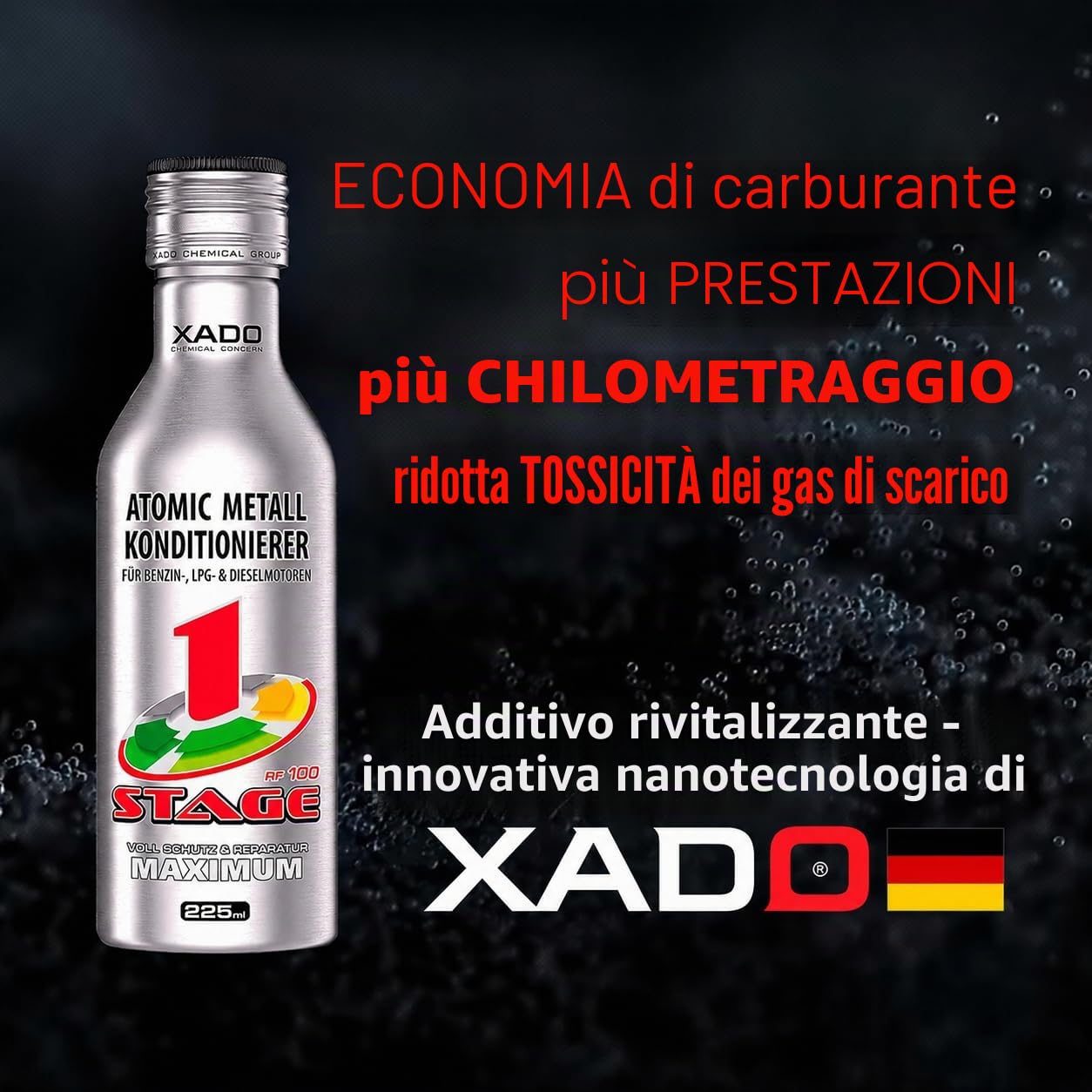 XADO Additivo per olio motore per la riparazione e la protezione dall'usura - Condizionatore Atomico del Metallo con Revitalizant® - 1Stage Maximum, 225ml (per volumi di olio fino a 5lt)