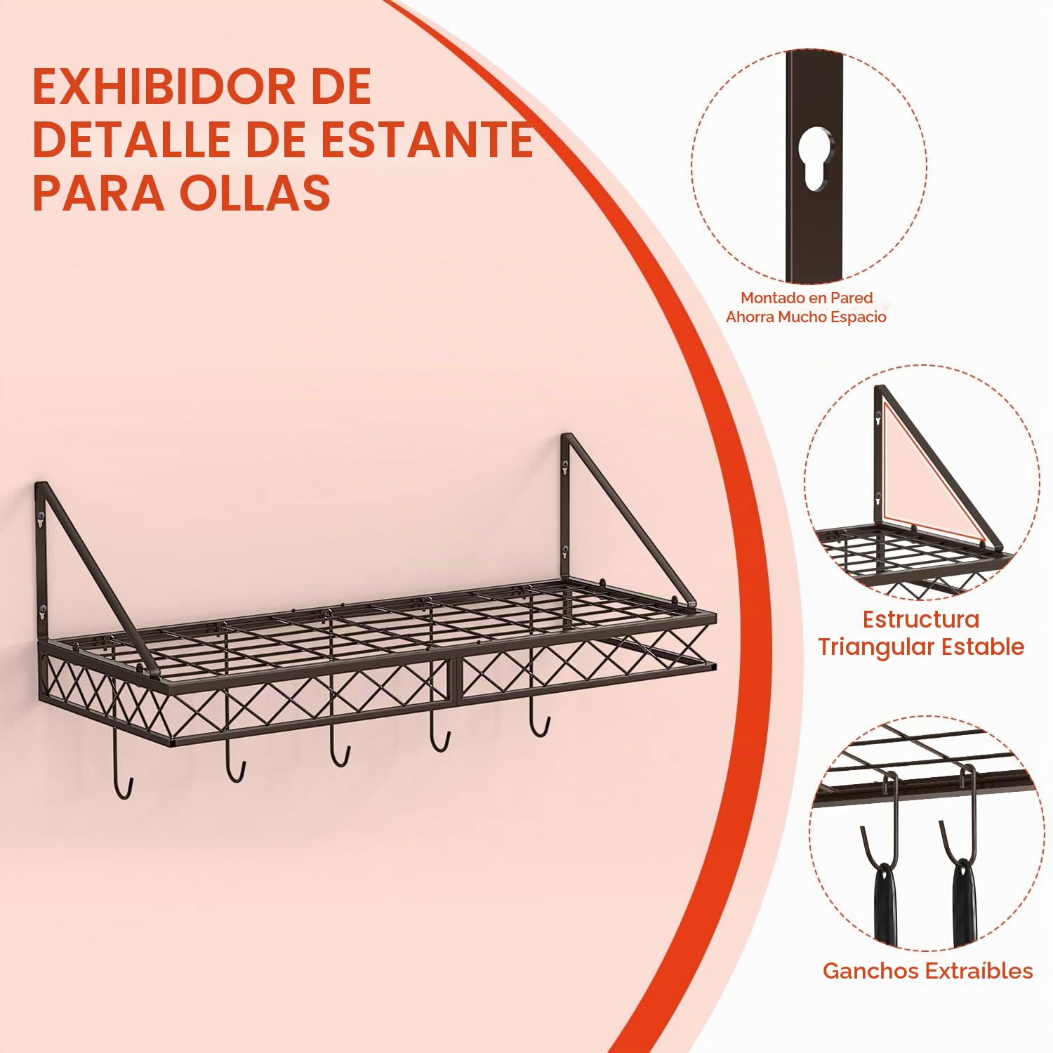 Mutool Estante para ollas montado en pared, estantes para colgar cacerolas de 70 cm, estante para utensilios, estantes para sartenes para la cocina, organizador de menaje de cocina de metal con 10