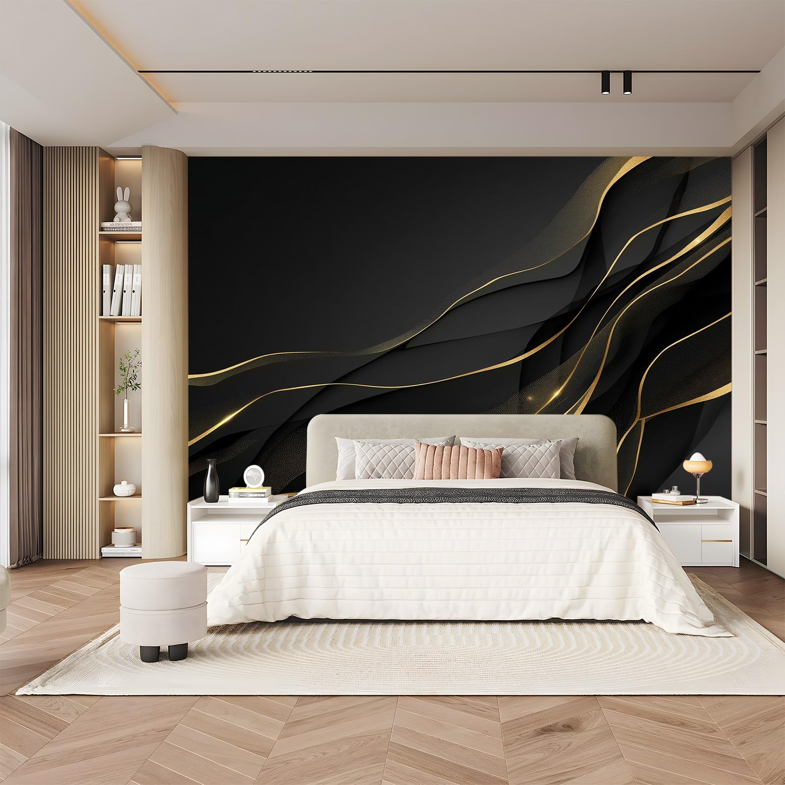 Panoramiczna tapeta luksusowa złota linia marmur czarne złoto 300 x 210 cm (szer. x wys.), panoramiczna gigantyczna tapeta 3D salon sypialnia jadalnia pokój dziecięcy dekoracje ścienne z włókniny