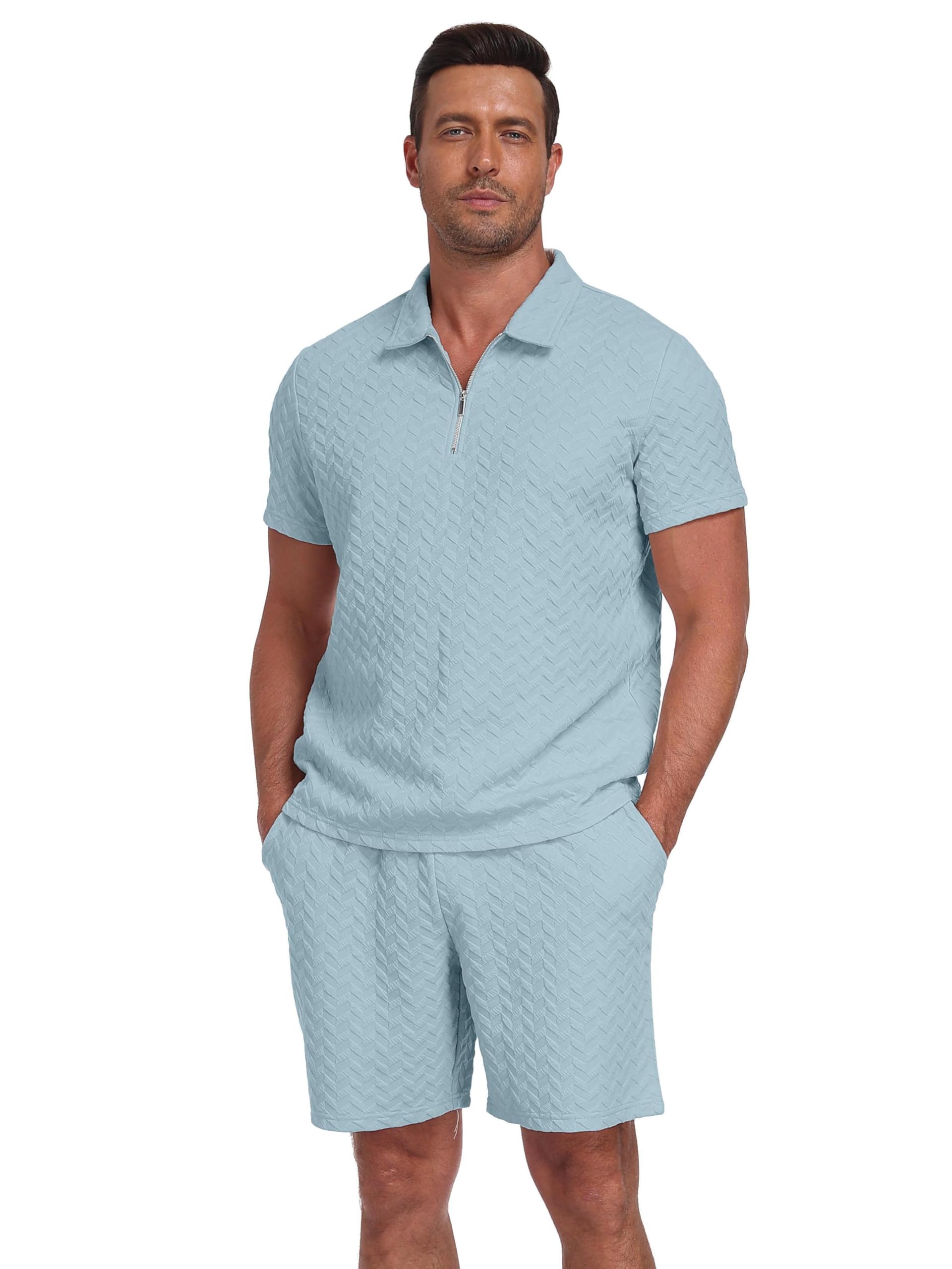 QIXING Tuta da uomo, 2 pezzi, pantaloncini estivi e maglietta con polo a mezza zip