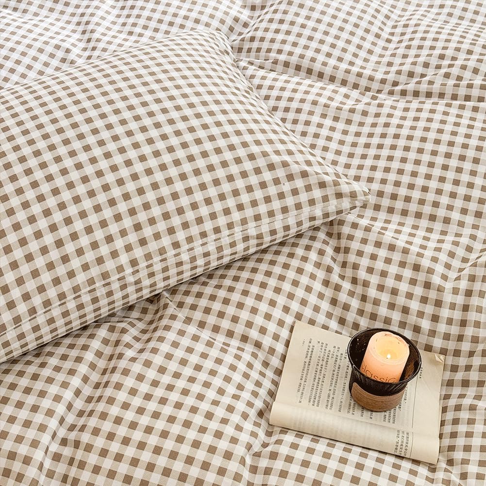 NSNLGSGC Tan Gingham Cotton Duvet Cover Set Queen, 100% Washed Cotton Plaid Comforter Cover Set,Brown Ultra-Soft & Lightweight Cottage Bedding Set(3PCS, Queen)