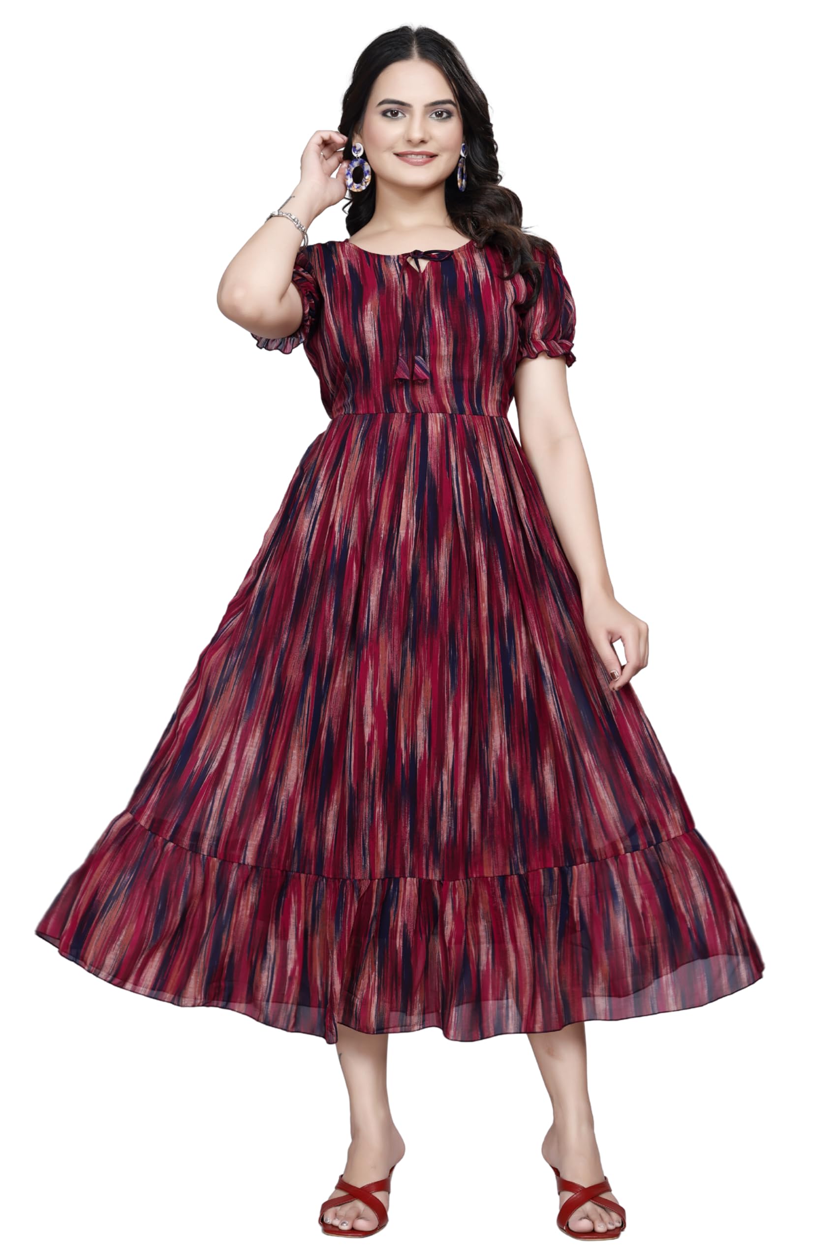 Elegant Georgette Printed Midi Dress for Women | Puff Sleeve A-Line Fit and Flare Dress | Round Neck Tie-Up Party Dress-picture-29