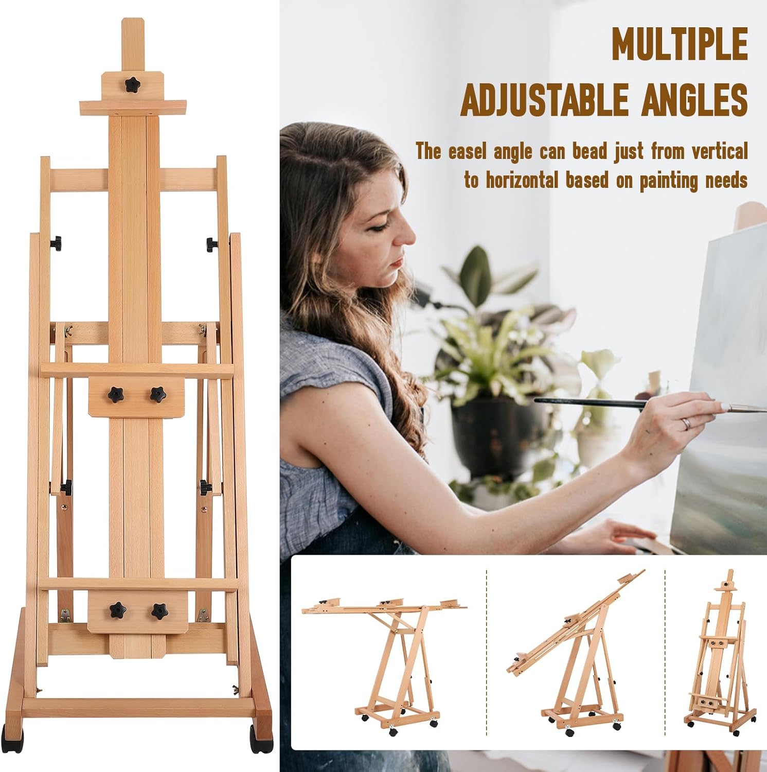 Painting Easel for Adults, H-Frame Easel with Braked Wheels, Height and Angle Adjustable (Vertical to Horizontal) Art Easels for Painting Adult Holds 2 Canvases