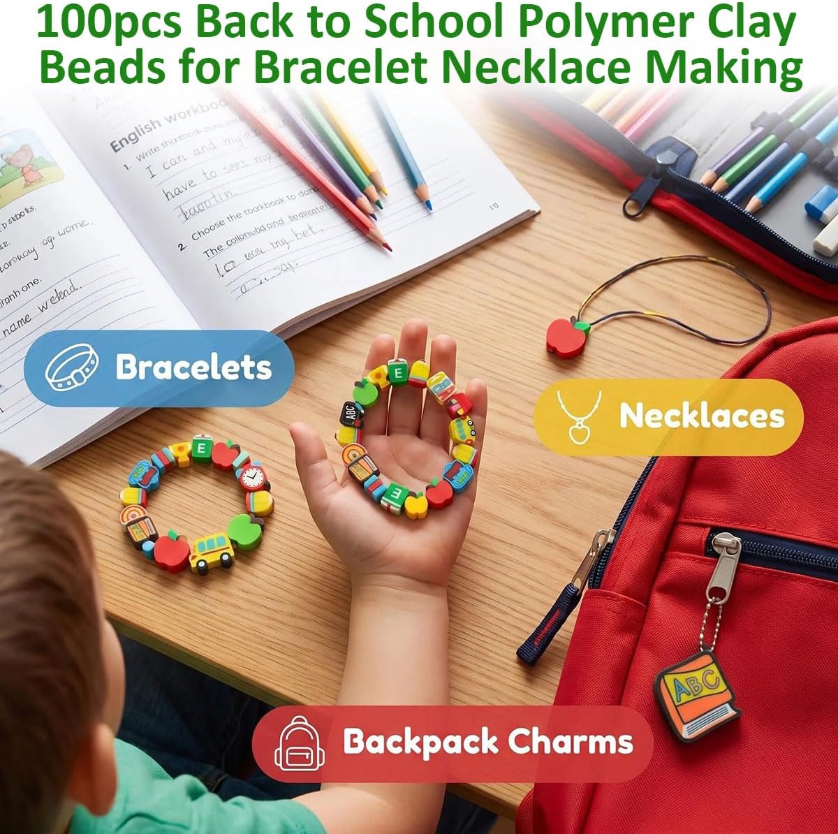 100Pcs Back to School Polymer Clay Beads, Apple Pencil Teacher School Bus Spacer Beads for Bracelet Necklace Making DIY Jewelry Craft Kit Teacher Appreciation Gift School Theme Party Supplies image 2