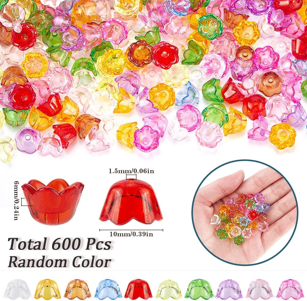 600Pcs Acrylic Flower Bead Caps Transparent Flower Beads Bulk Colorful Bell Tulip Flowers Lily Floral Spacer Loose Bead End Caps for Jewelry Making Earrings Bracelets Women Adult DIY Crafts - Image 2
