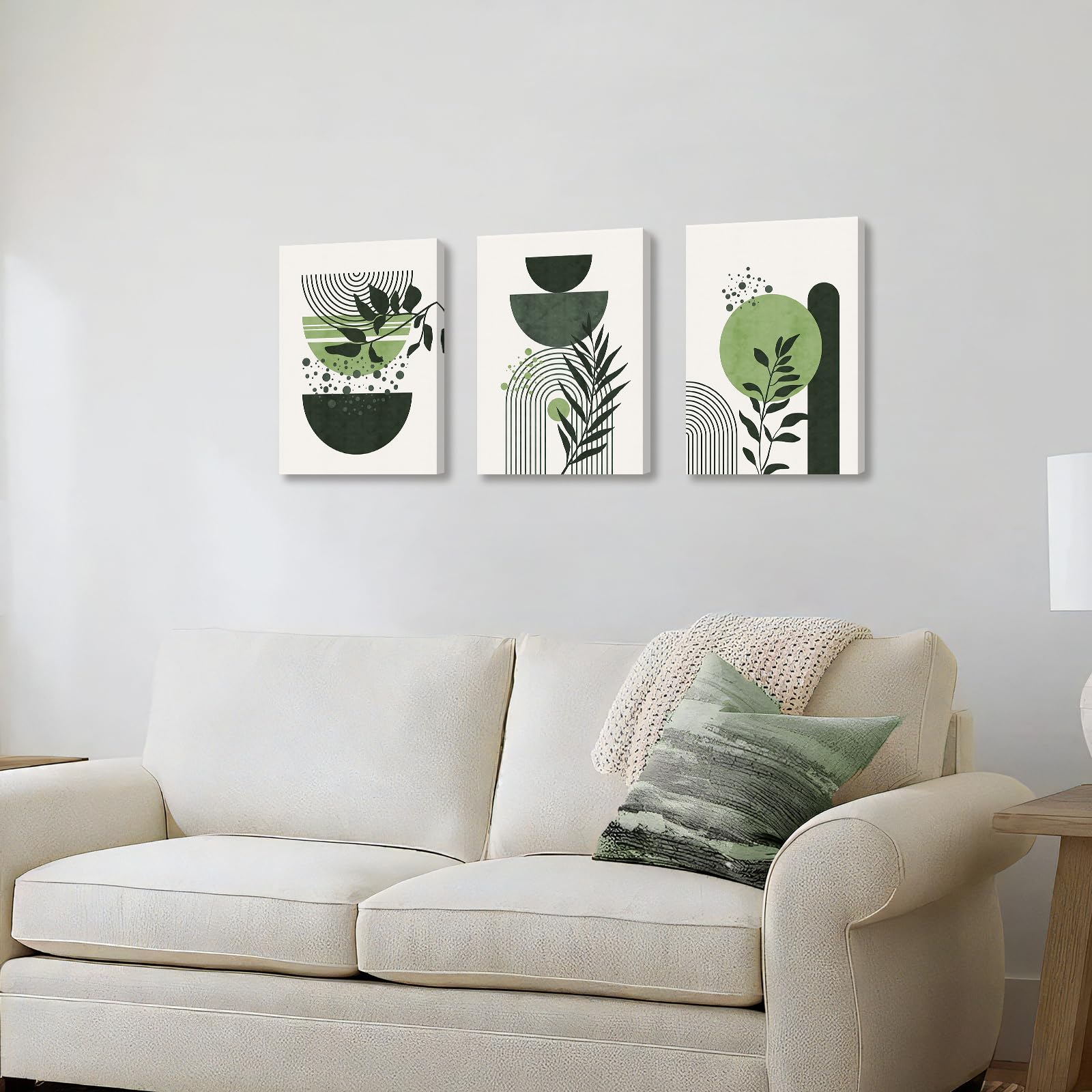 3 Pcs Wooden Framed Canvas Wall Art Set Bohemian Sage Green Canvas Prints Poster Geometric Line Beige Green Pictures for Living Room Bedroom Dinning Room Hallway Stairs Wall Decor 30x40cm x3pcs — view 314