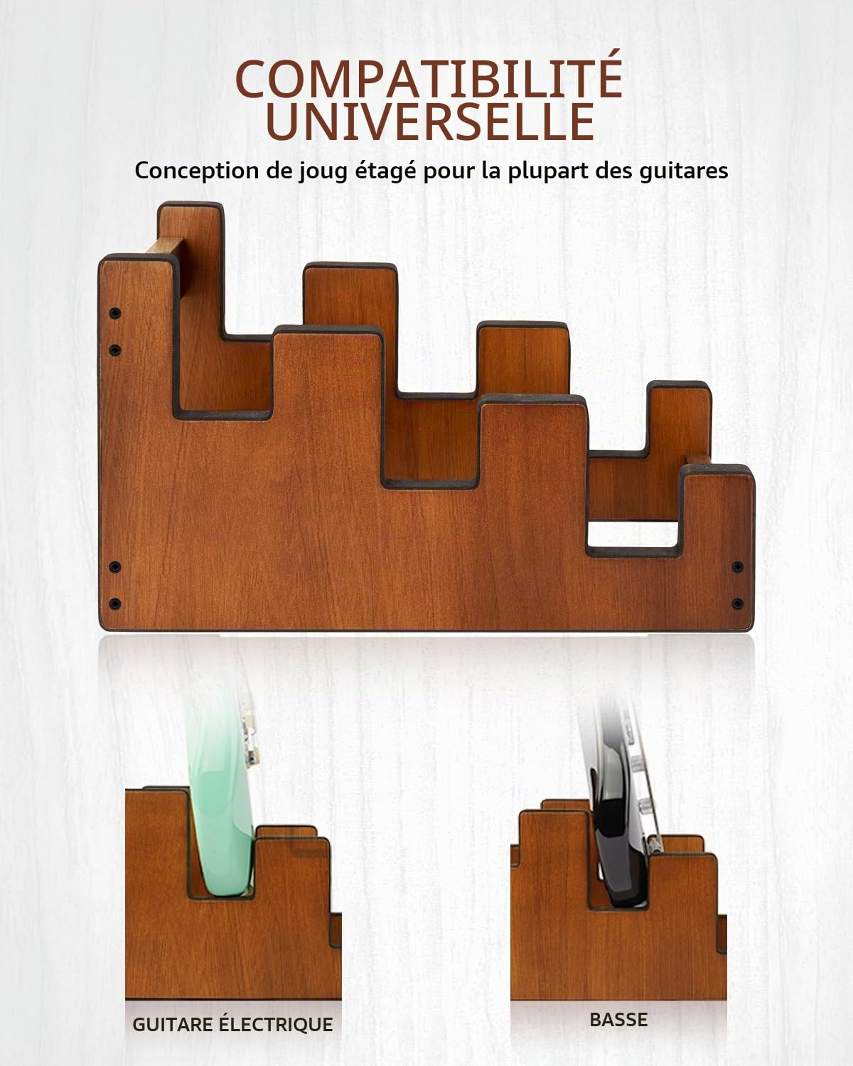 STRICH Support De Guitare En Bois Pour Plusieurs Guitares, Couleur Acajou, L-3EM (Pour 3 Guitares Électriques/Basses)