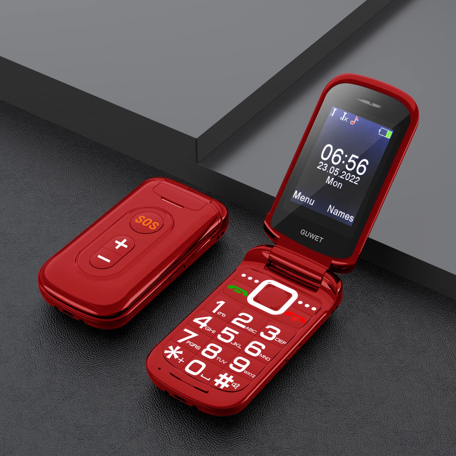 Teléfono Móvil con Tapa para Personas Mayores Dual SIM Telefono Móvil Basico con Teclas Grandes, Pantalla de 2,4 Pulgadas, 1400mAh Batería,Botón SOS, Fácil de Usar (Rojo)