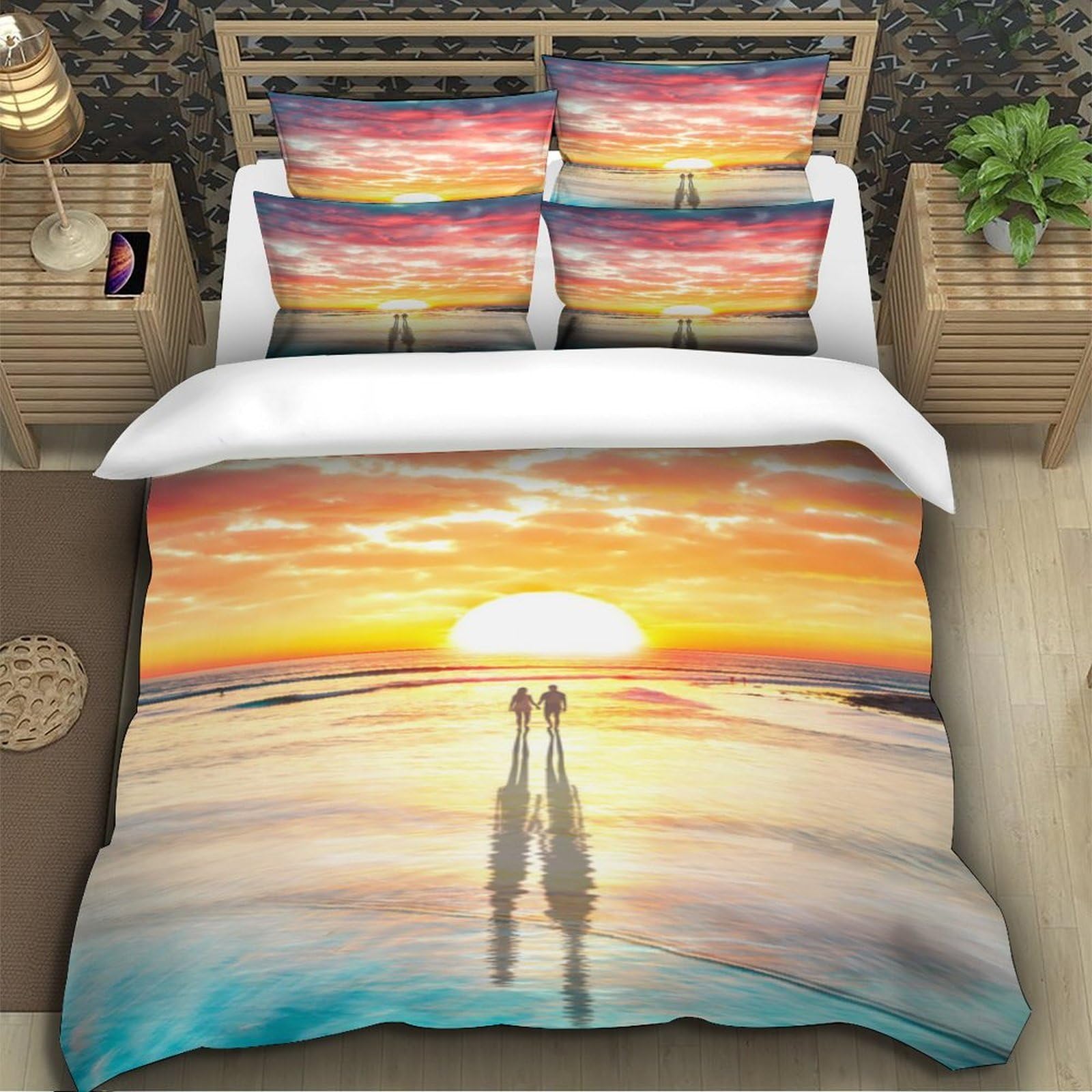 Sonnenuntergang Strand 3D Druck Mikrofaser Bettbezug Atmungsaktive Schlafzimmerdeko Pärchen Bettwäsche Set für Erwachsene Jugendliche King（220x240cm）
