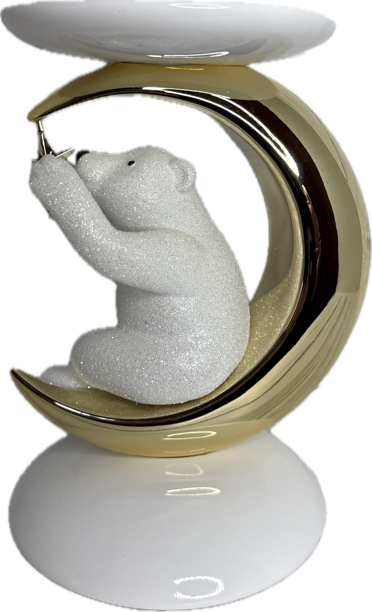 Bath and Body Works White Polar Bear & Gold Crescent Moon with Hanging Star Pedestal 3-Wick Candle Holder