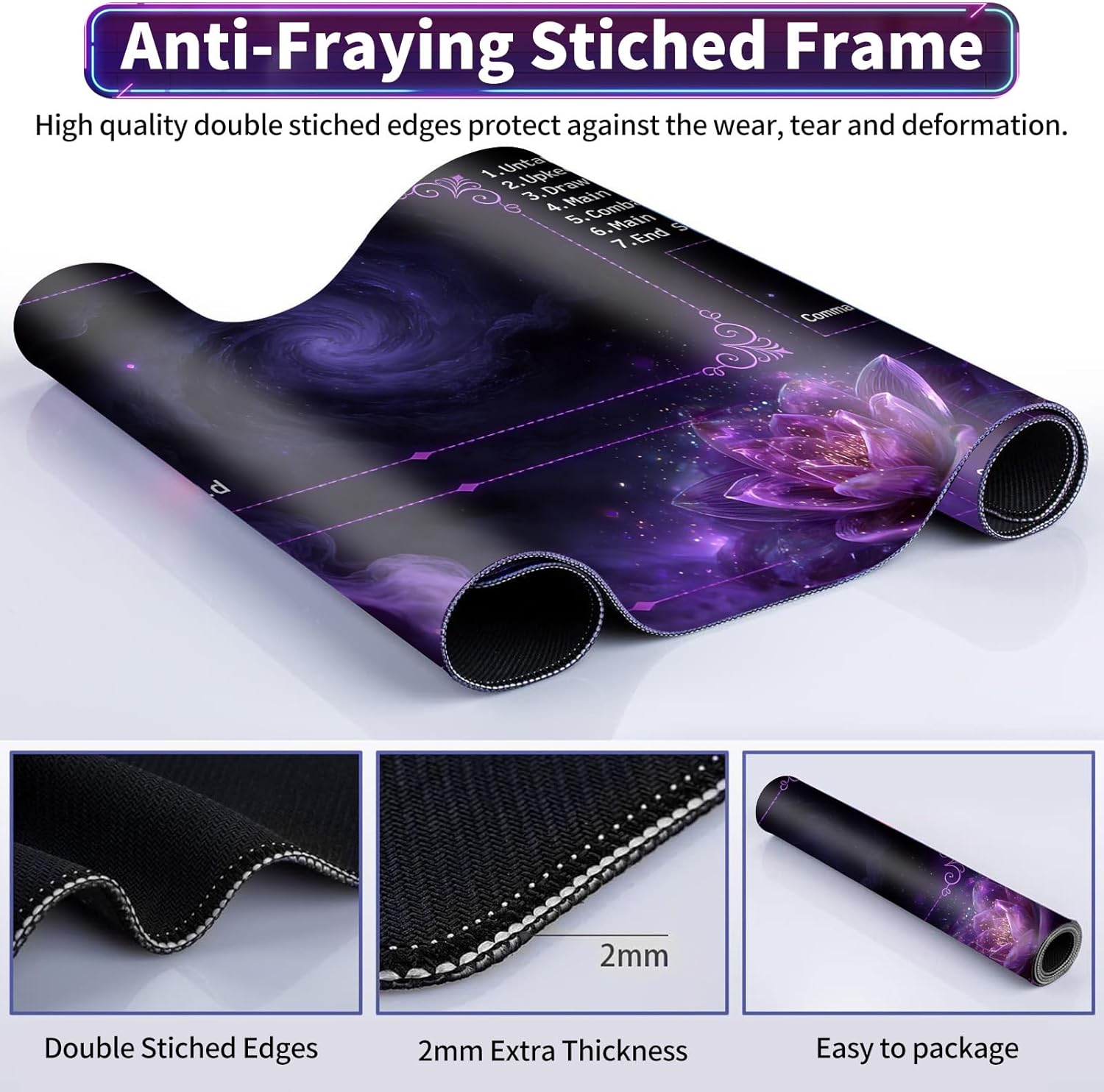 MTG Playmat with Zones, TCG Playmat Card Game Mat for Magic The Gathering, 24x14 inch Stitched Edge Non-Slip Base with Storage Bags, Nebula Purple Lotus