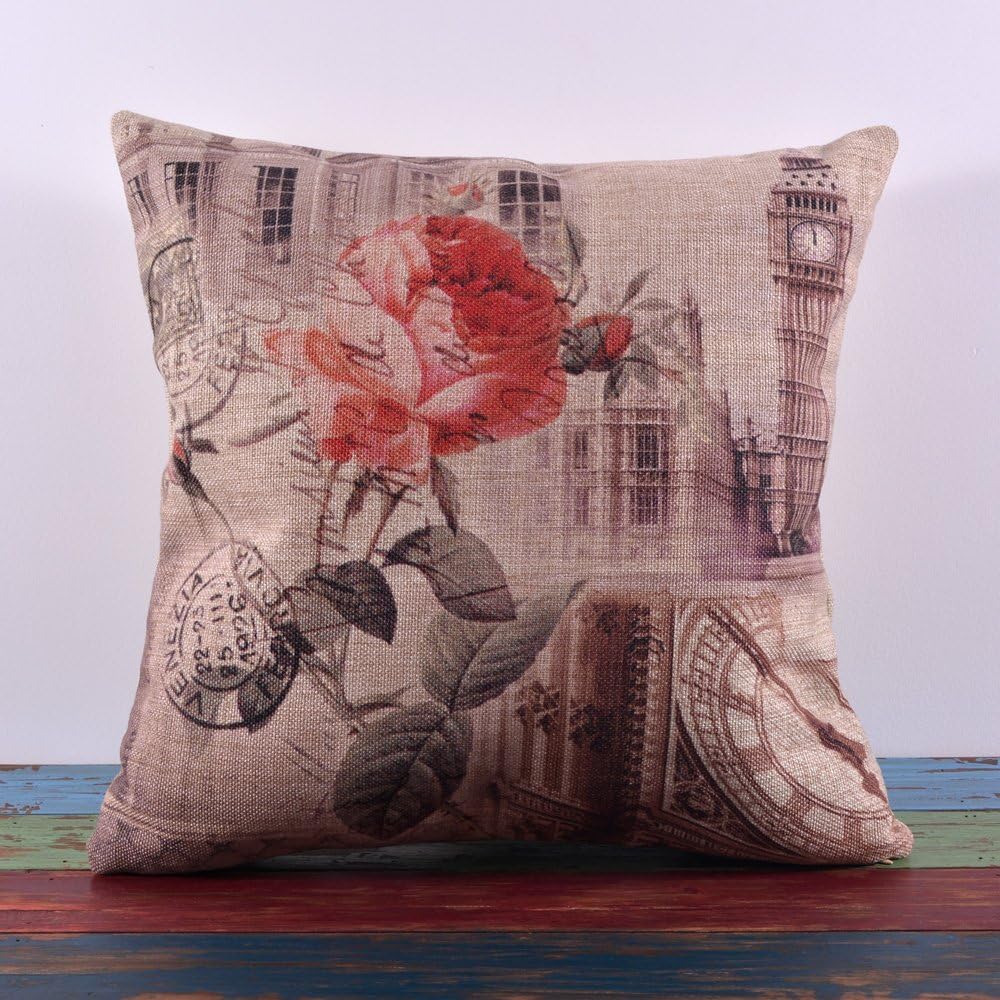 LINKWELL 45x45cm Retro Shabby Chic Big Ben Grey Linen Pillow Case Cushion Cover
