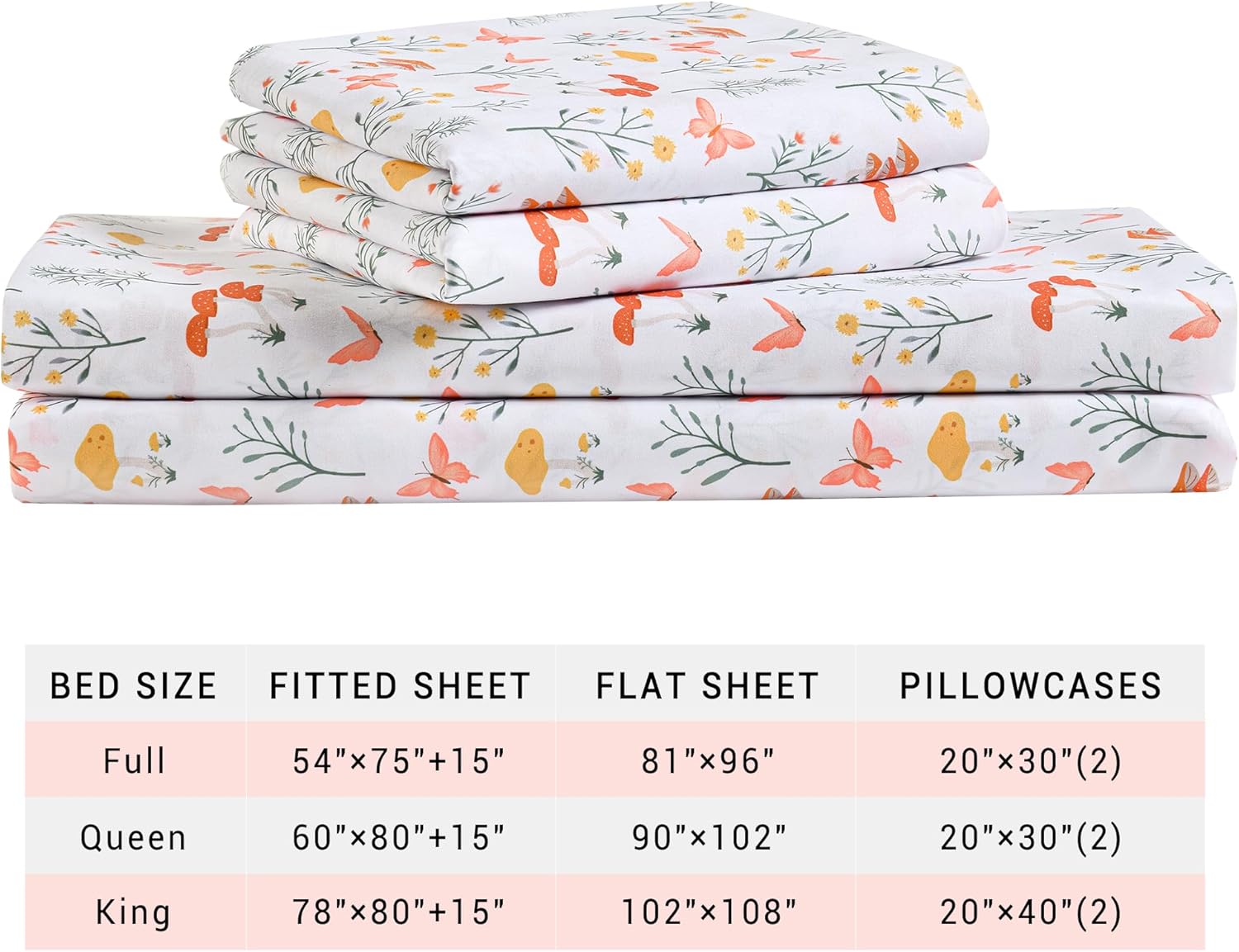 Viviland Mushroom King Sheet Set - 4 Piece Vintage Butterfly Flower Patterned Bed Sheets - Soft, Breathable Microfiber Floral Sheets with Deep Pocket, Non-Slip Fitted Sheets & Pillowcases - Image 7