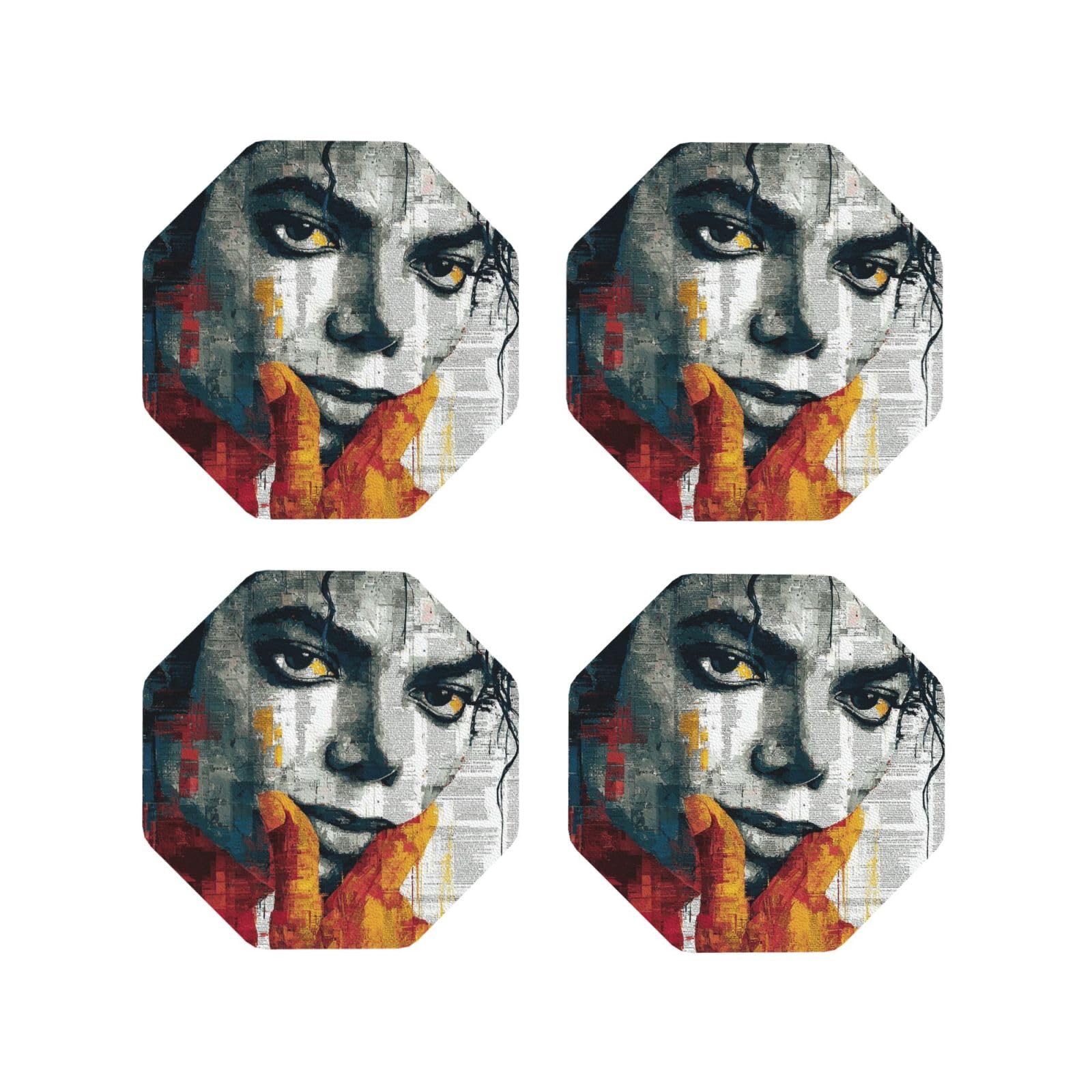 Coasters Set of 4 Round Leather Coaster Quick-Dry Drink Michael Jackson Coasters for Desk Absorbent Mugs Pads Tabletop Protection Pad Heat Resistant Coffee Cup Mat for Kitchen Bar