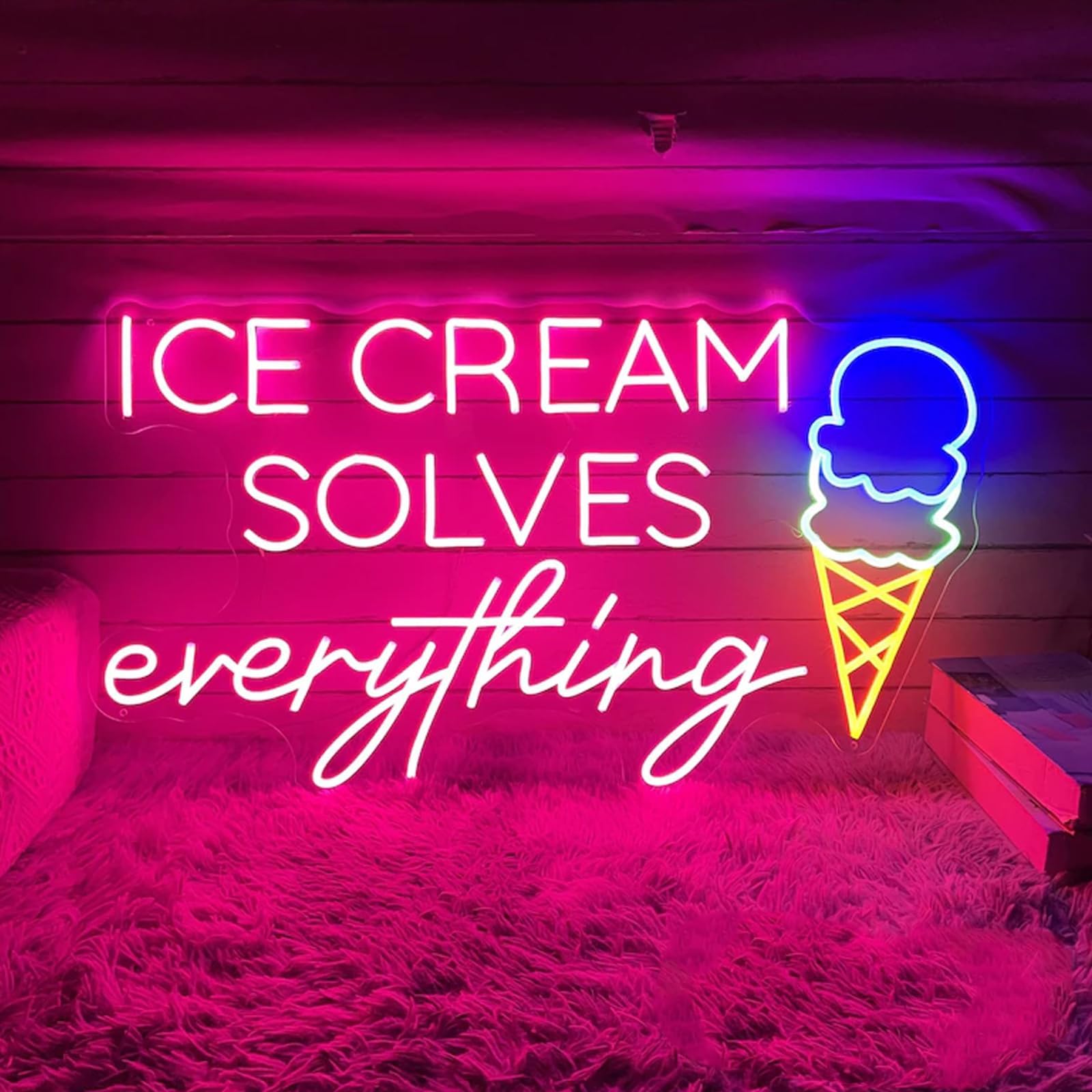Ice Cream Solves Everything Neon Sign 23.5 inches Led Ice Cream Light Up Signs Wall Decor for Home Restaurant Coffee Bar Decorations