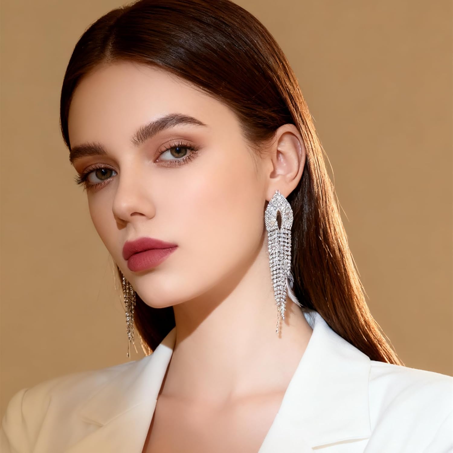 Rhinestone Earrings Dangling for Women Sparkly Silver Dangle Earrings Girls Long Chandelier Earrings Tassel Lightweight Ear Studs Cubic Zirconia (KE001S-W) - Image 2
