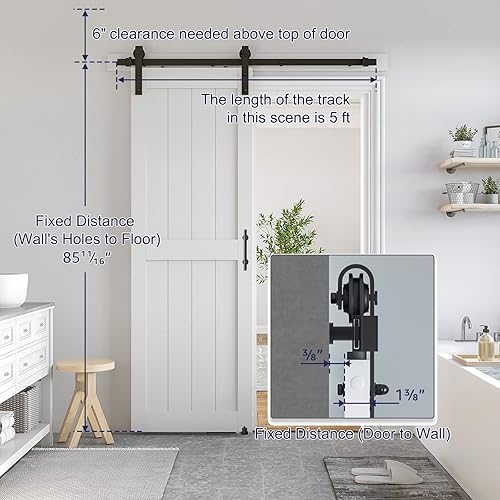 Miniatura 4 de SmartStandard Puerta de granero blanca de 30 x 84 pulgadas con kit de rieles de níquel cepillado de 5 pies, revestimiento de PVC impermeable,