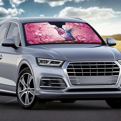 Miniatura 3 de Showudesigns Parasol de colibrí para parabrisas de automóvil, SUV, camión, parasoles para parabrisas de color rosa, flor de cerezo, pájaros, parasol
