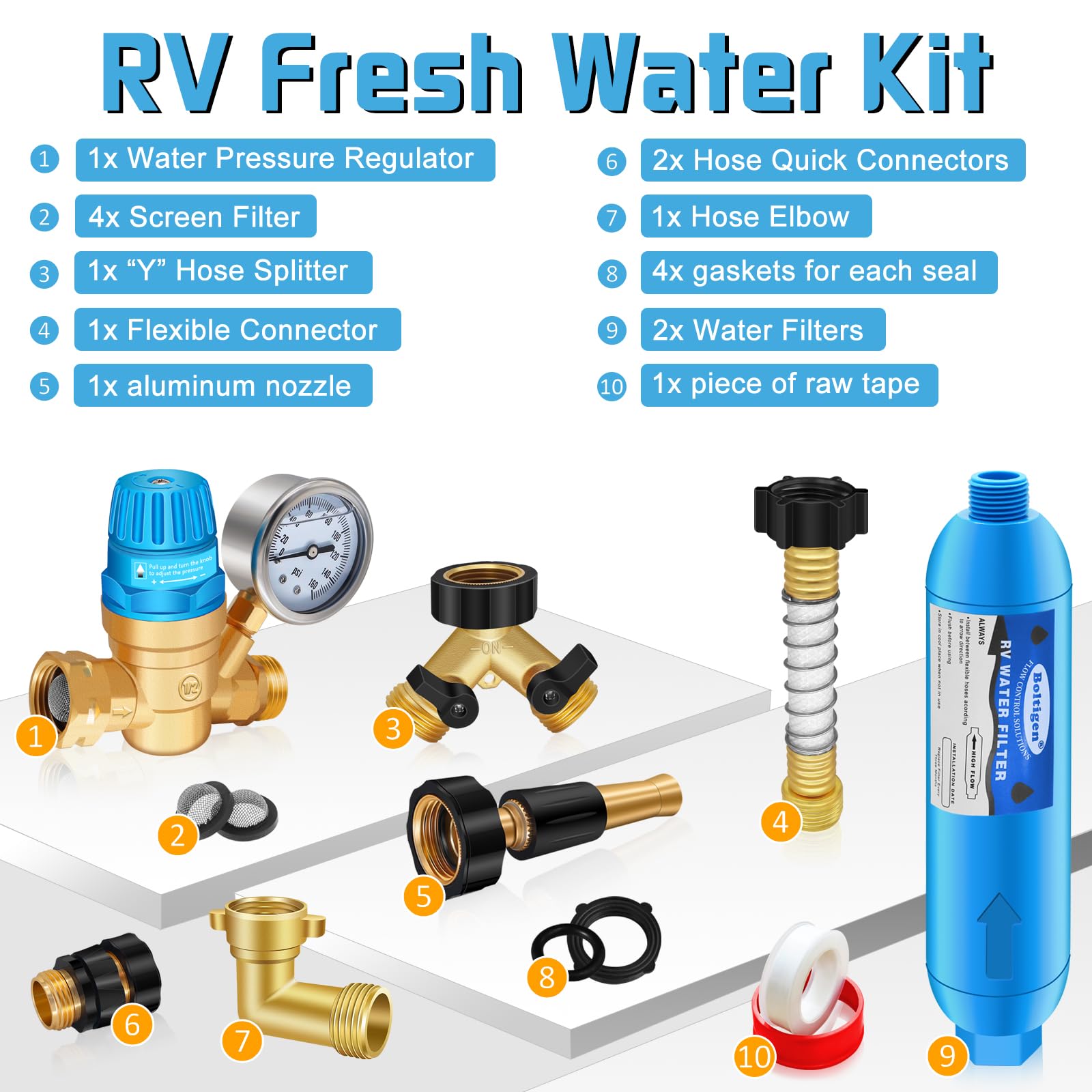 Boltigen Kit regulador de presión de agua para RV, kit de manguera de agua dulce RV con filtro de agua en línea, codo de latón, divisor de manguera, conexiones rápidas de manguera, conector flexible