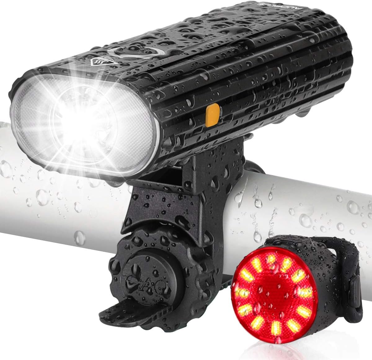 AUOPLUS Rechargeable Bike Light Set, Super Bright Bicycle Light, Easy to Inatall, Fits All Bikes - 5 Modes, Bike Lights Front and Back Illumination - Waterproof, Lightweight, Durable