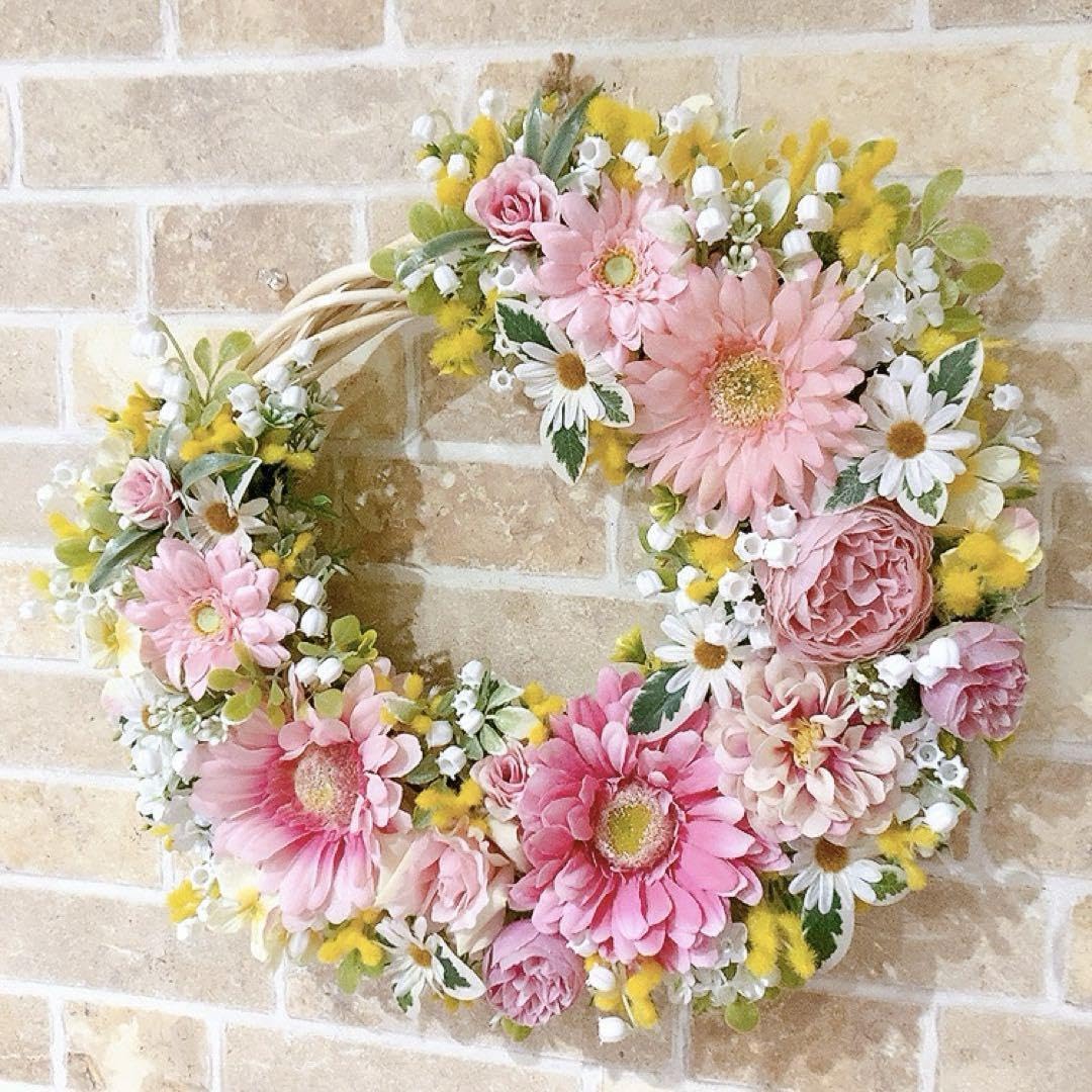 〜SALE〜　159.ポンポンガーベラ＆ライラックスワッグ　フラワーリース SALE〜 159.ポンポンガーベラ＆ライラックスワッグ フラワーリース