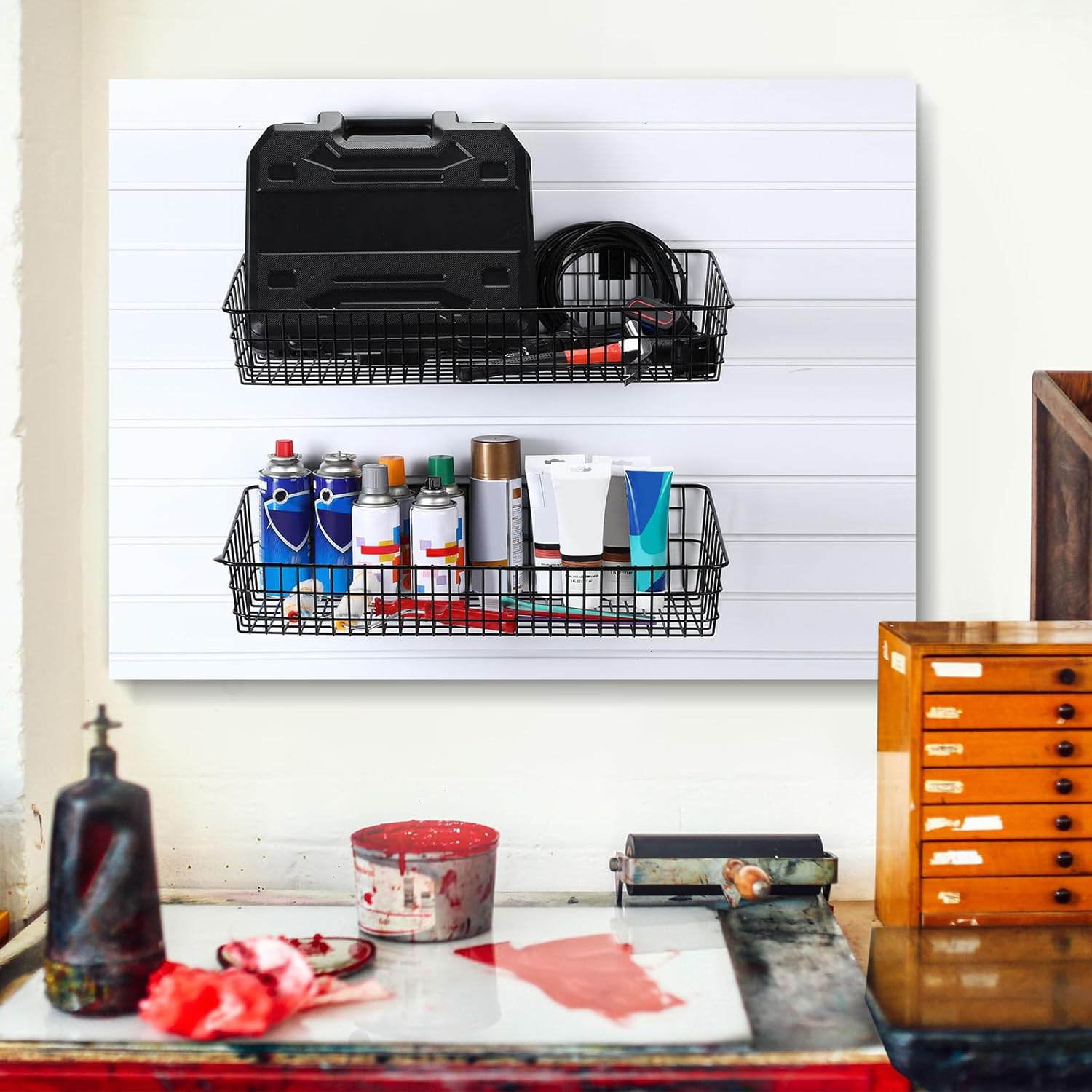 2 Pcs Slatwall Baskets for Slatwall,23.6 Inch Width Metal Heavy Duty Wire Mounted Hanging Basket Storage Display Basket for Retail,Garage,Office,Sports,Toys,and More,Black