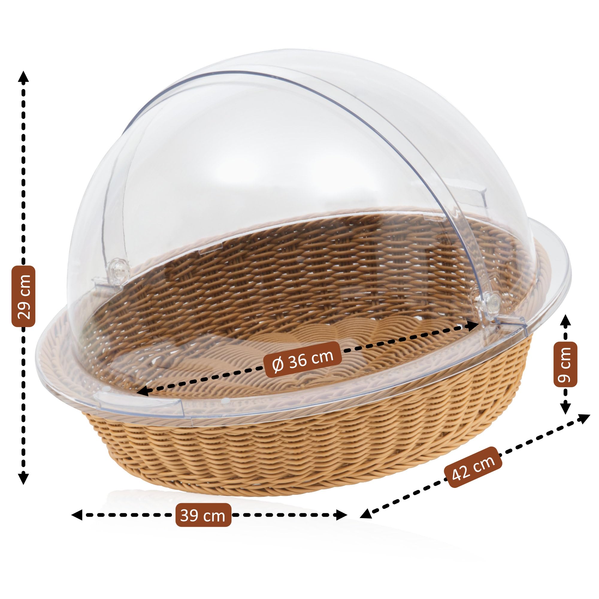 Mahlzeit Corbeille à pain en rotin avec couvercle - 42 x 39 x 29 cm - Ronde - Avec fenêtre de visualisation - Boîte à pain en plastique - Vitrine de buffet - Comptoir de boulangerie - Accessoires de