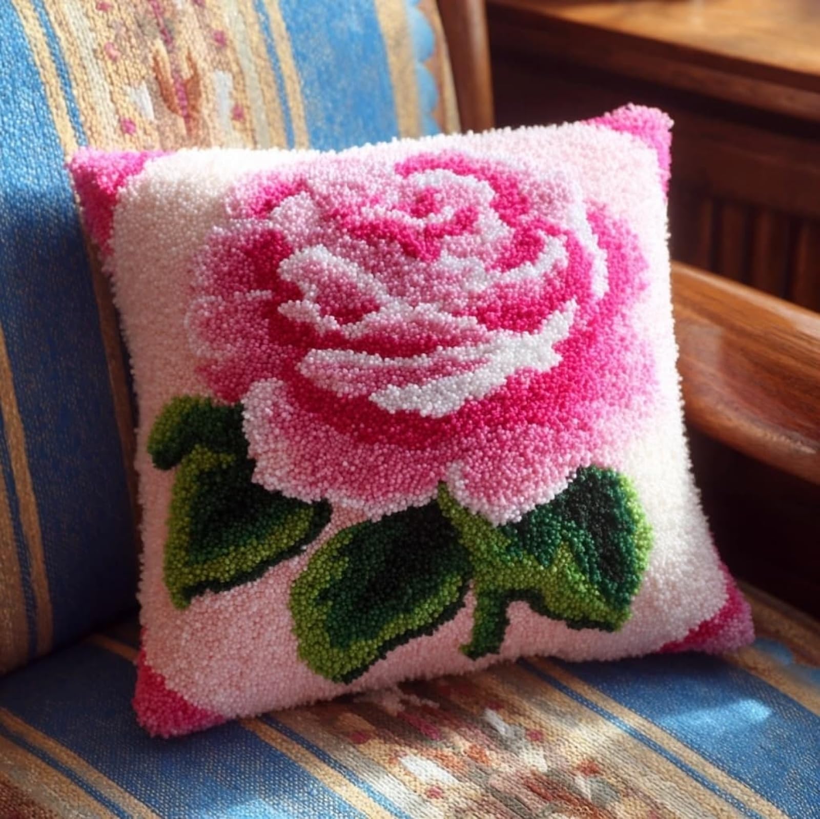 Wallustrioaw Pink Roses Latch Hook Craft Cushion Kit 43X43cm,