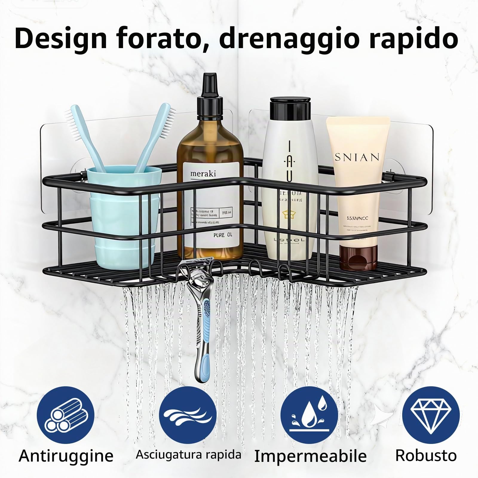 Menbyci Confezione da 2 mensole angolari per doccia, mensole adesive da bagno con ganci, in acciaio inossidabile 304, resistenti alla ruggine, organizer per accessori da bagno, scaffale per shampoo,