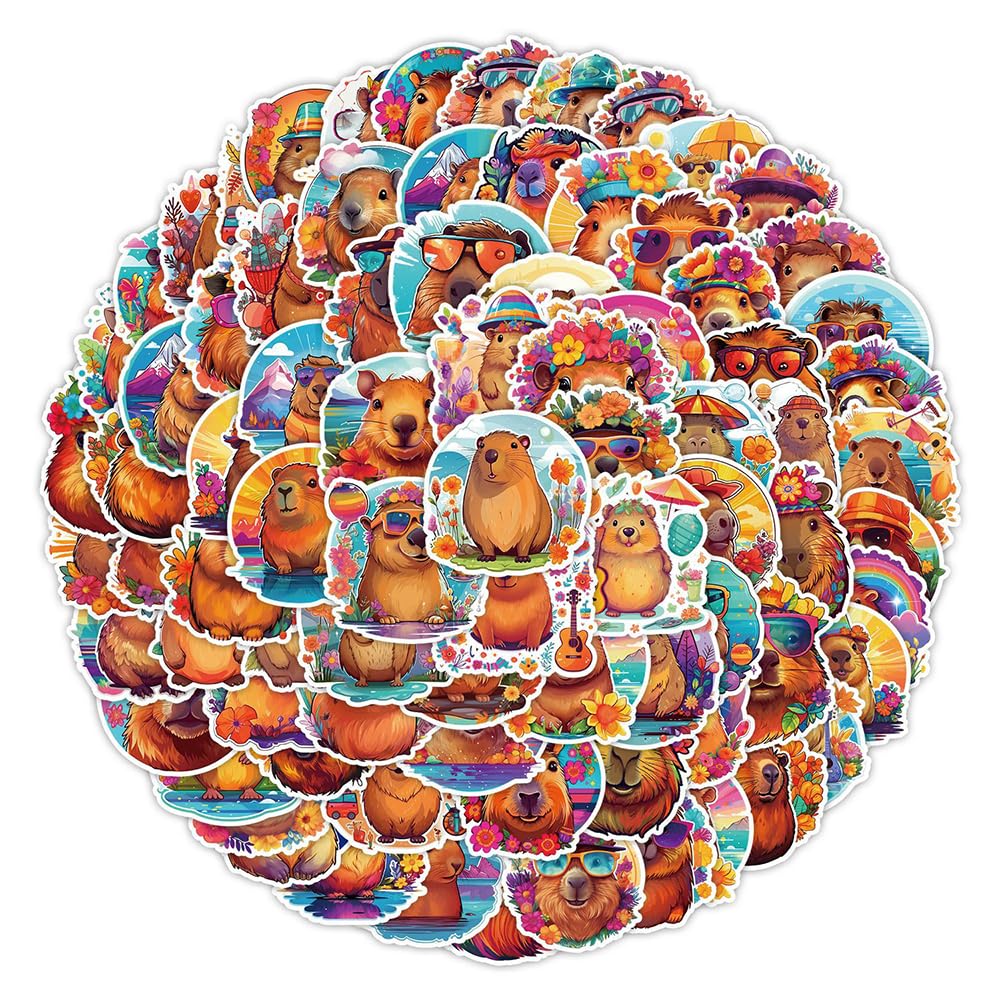 Colorful Capybara Vinyl Stickers, 100 PCS Waterproof Cartoon Animal Decals for Laptops Scrapbooking, Journals, Notebooks