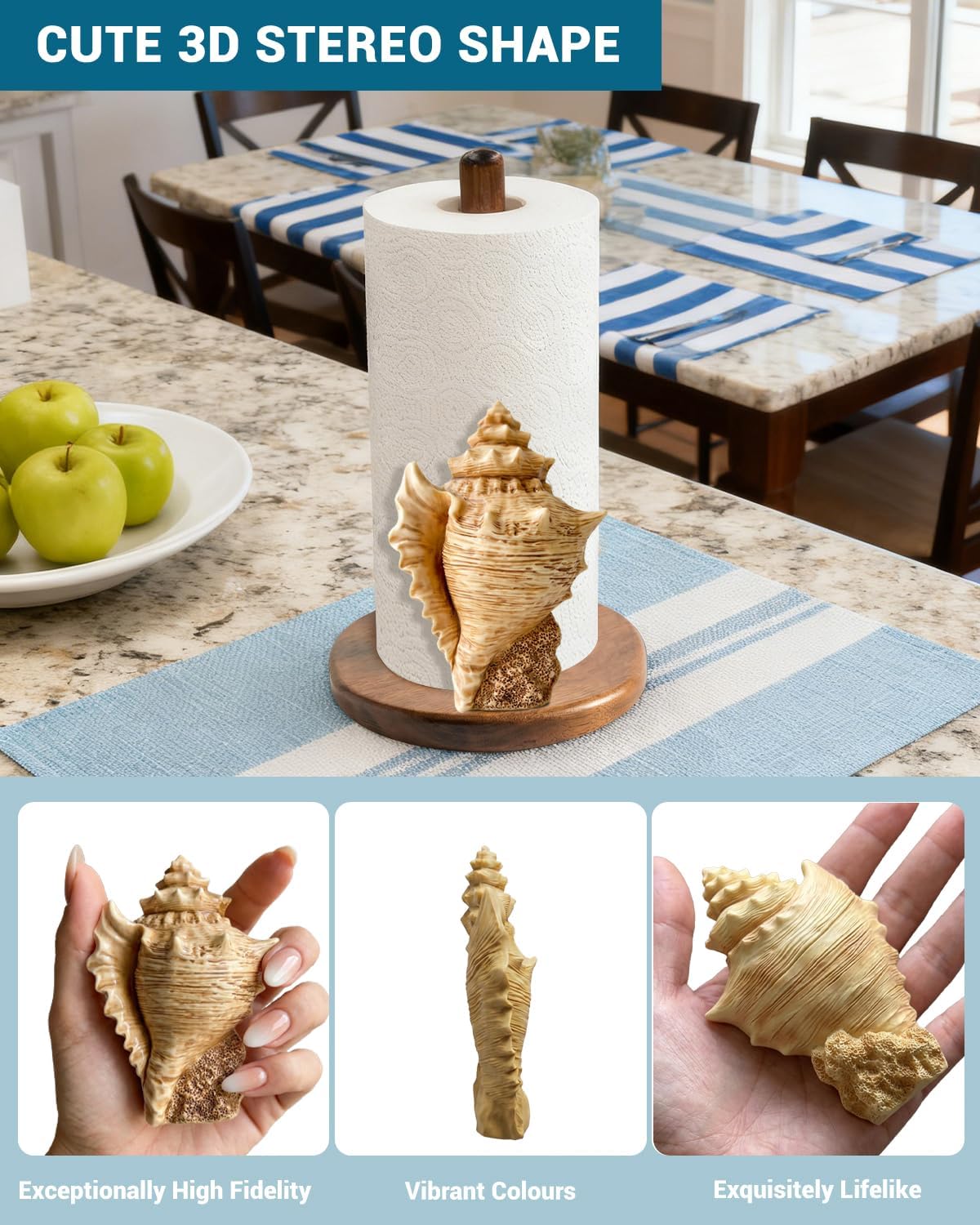 Conch Paper Towel Holder - Coastal/Beach/Ocean Decor for Kitchen Bathroom Home Countertop - Gifts for Women - 3D Cute Beachy Stuff Decorative Accessories