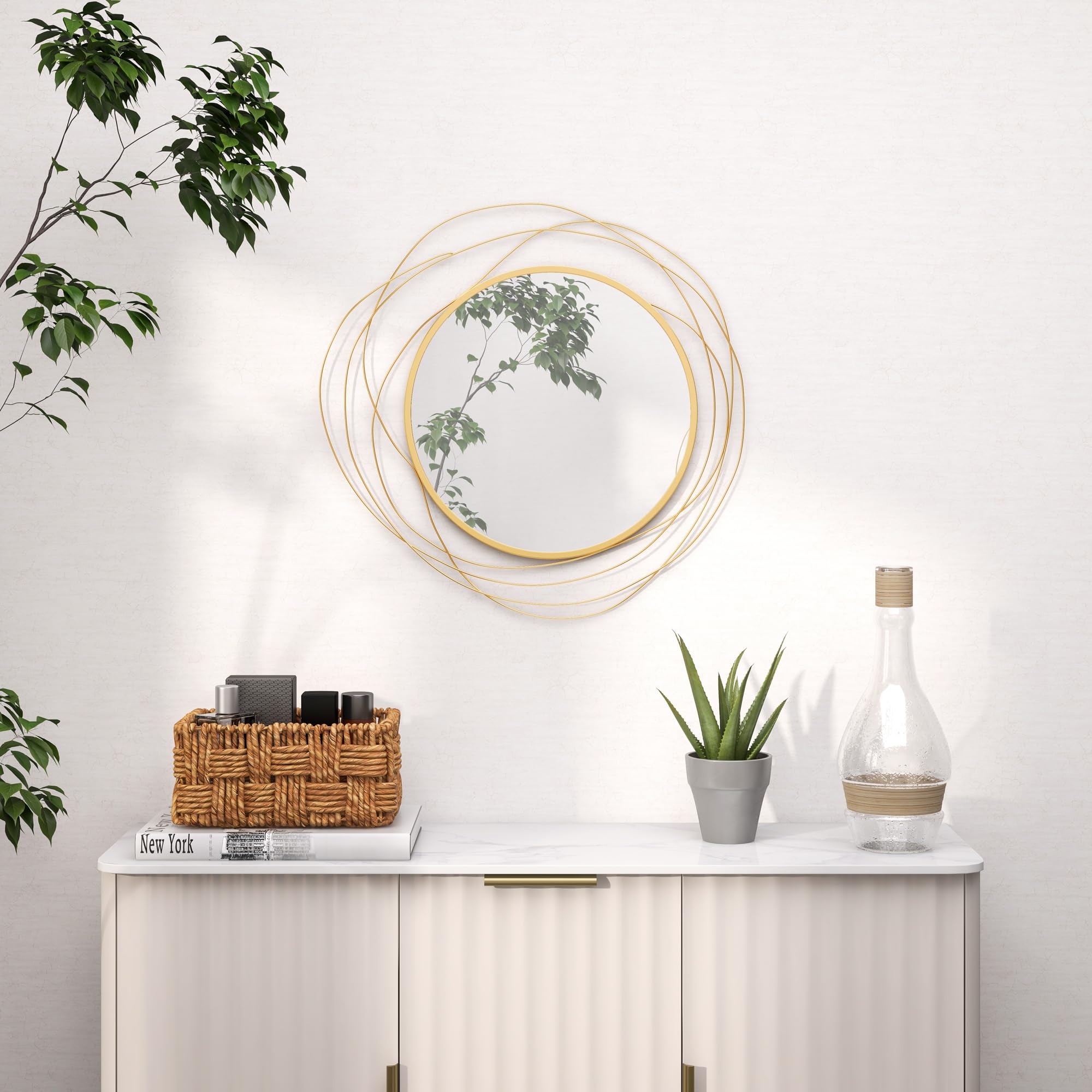HOMCOM Wandspiegel, Ø65 cm Wandschmuck mit Spiegel, Metallrahmen, Flurspiegel, Wandkunstwerk für Wohnzimmer, Schlafzimmer, Gold