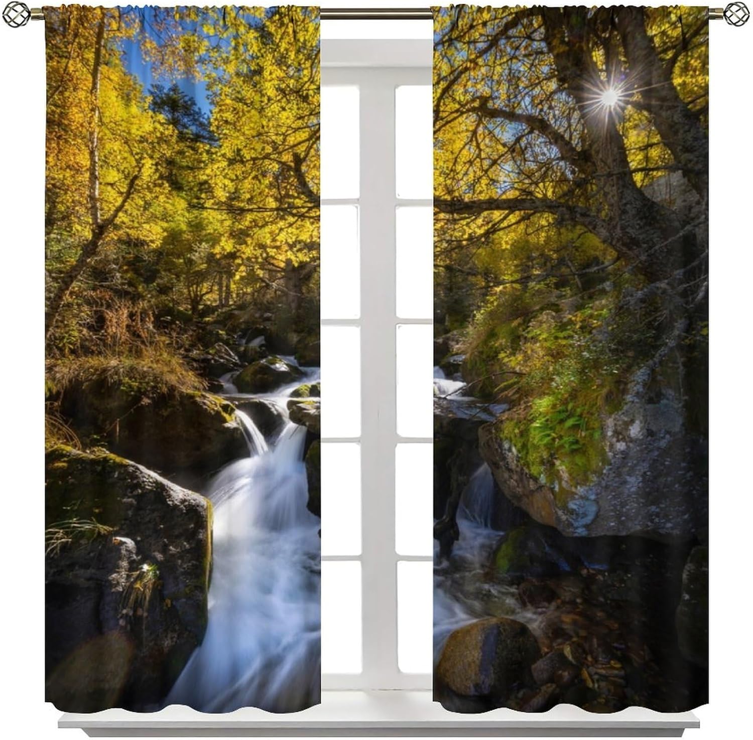 Gold Leaves Waterfall Curtains,Autumn Jungle Rocky Natural Landscape Scenery Pattern Blackout Rod Pocket Window Drapes for Bedroom Living Room Kitchen 42x45 Inch