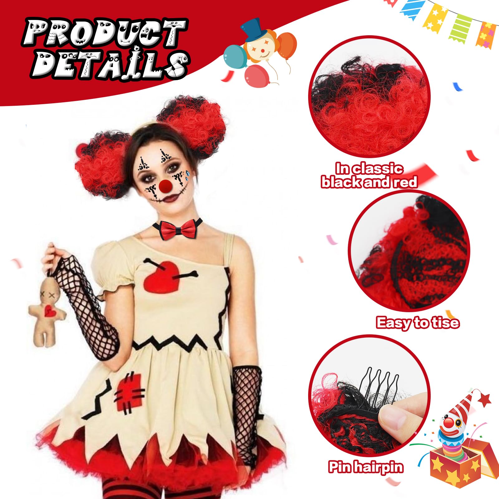 Kodepro 5 Pcs Women Clown Costume Accessories Set, Funny Fancy Dress Kit With Wigs, Temporary Face Tattoo, Bow Tie - Image 3