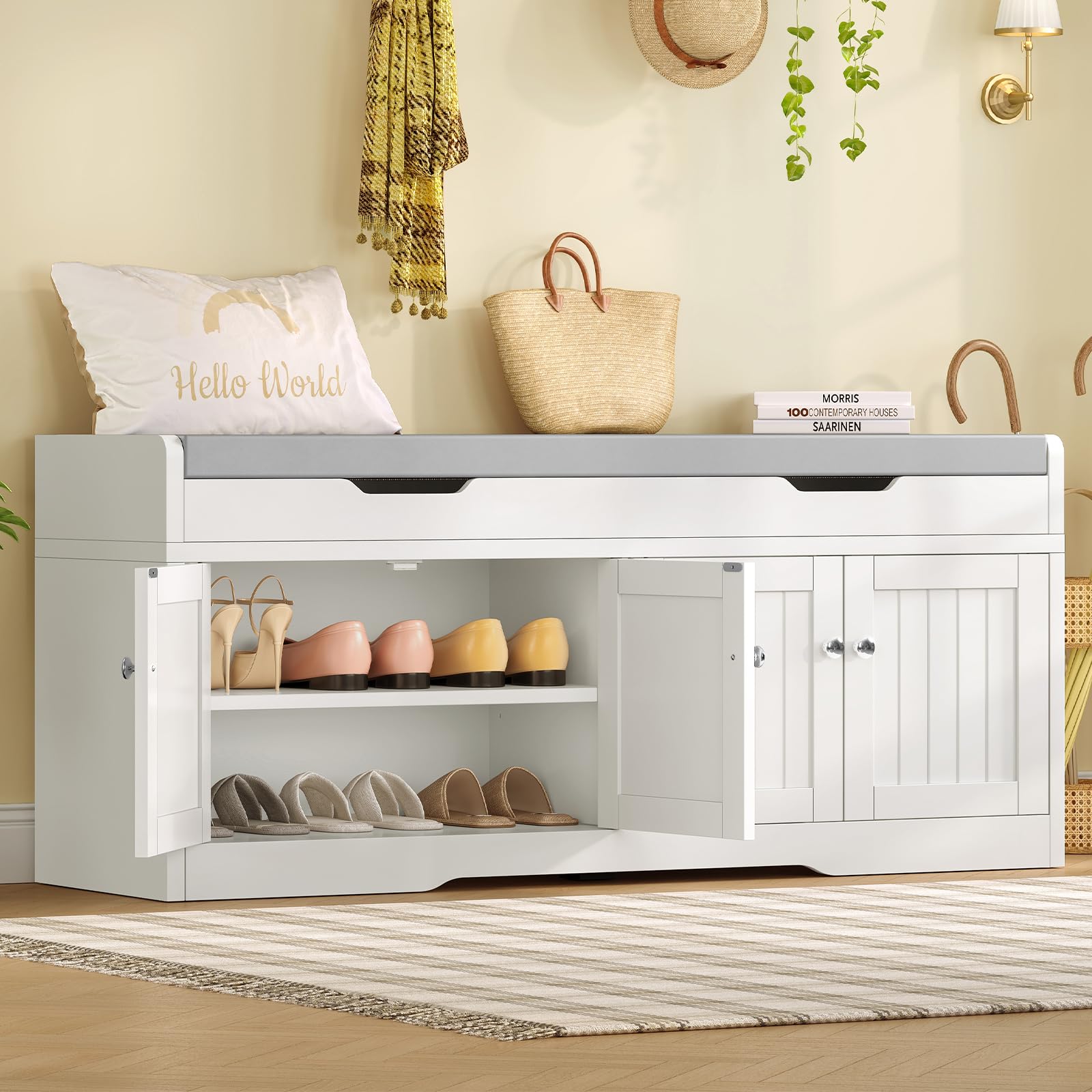 TEENFON 120 cm (B) Banco Zapatero con Asiento, Banco Recibidor, Zapatero con Almacenamiento y Asiento Acolchado, Estantes Regulables y Compartimento Oculto, Soporta 136 kg, Blanco, 120×35×50 cm