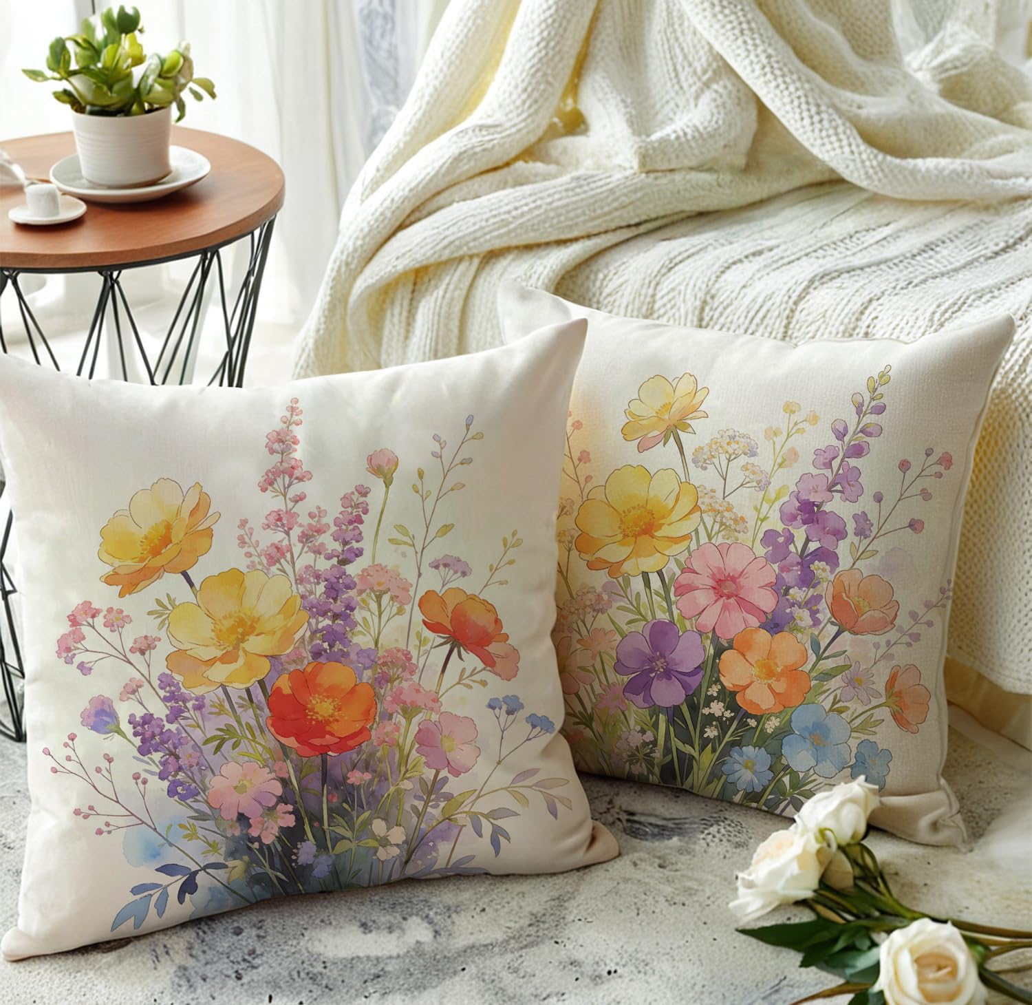 Watercolor Flower Throw Pillow Covers 18x18 inch,Set of 4 Vintage Floral Bouquet Decorative Pillow Cases Spring Farmhouse Home Decor Flower Cushion Cases,for Sofa Patio Bed (Multi) - Image 4
