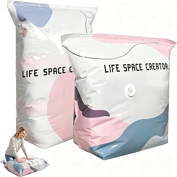 2Pcs L/XL No Pump Vacuum Storage Bags, Cube Compression Space Saver Bags for Clothes, Comforters, Blankets, Pillows and Bedding, Reusable Vacuum Seal Storage Bags