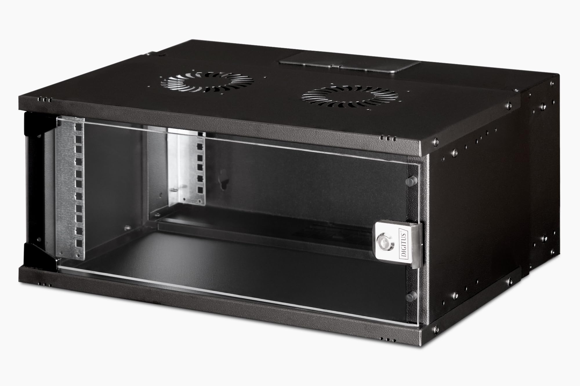 DIGITUS Netzwerkschrank - 19-Zoll Rack 4 HE - Unmontiert - Wandmontage - 400 mm Tiefe - 319,25 mm Nutztiefe - Traglast 60 kg - Glastür - SOHO Pro-Serie - Schwarz