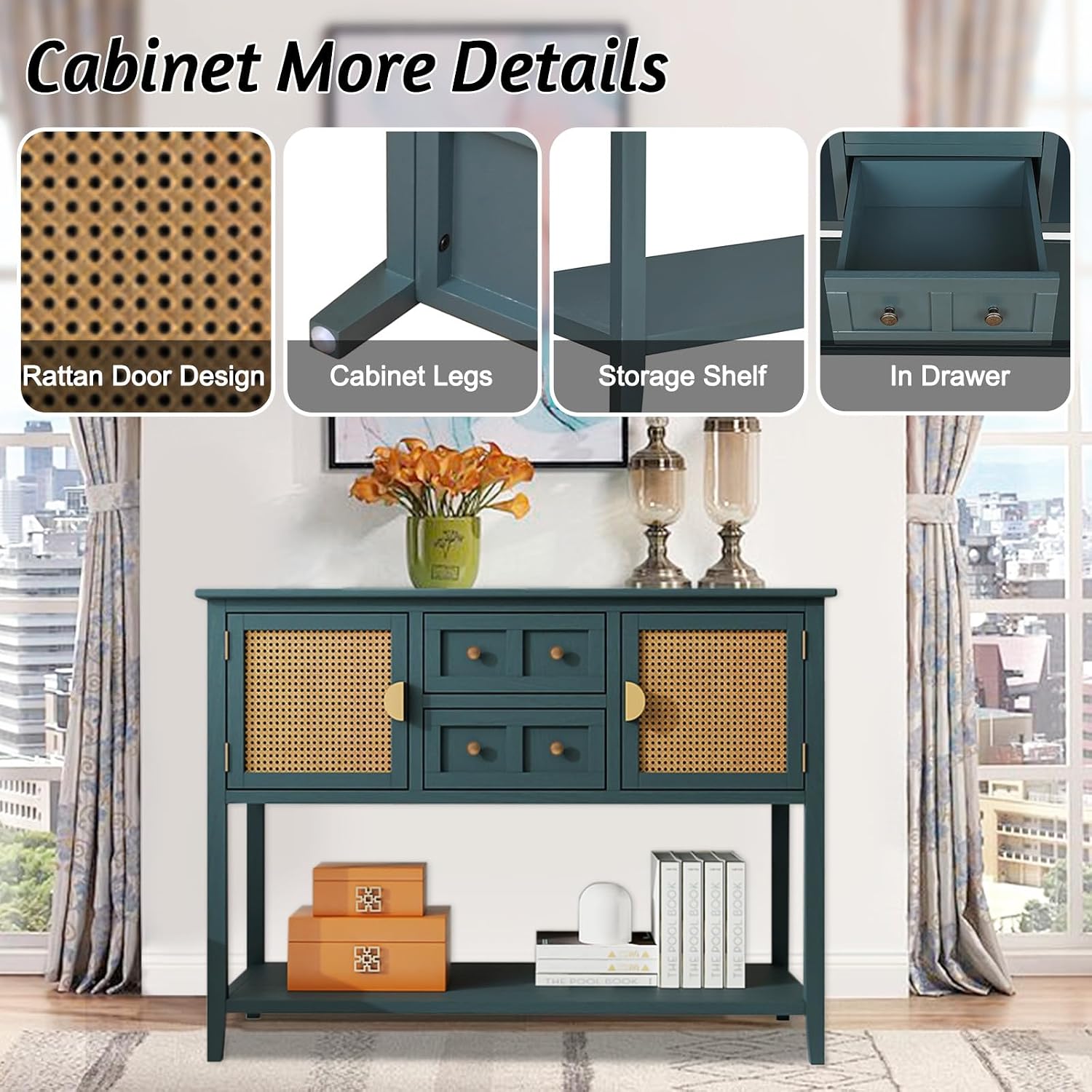 Green Wood and Rattan Console Table with Storage