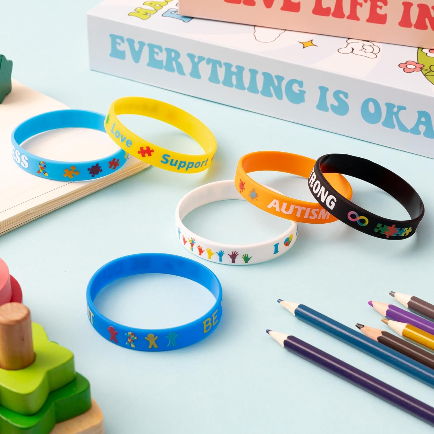 WATINC Autism Awareness Silicone Bracelets - 6 Colorful Puzzle Pieces Ribbons Stretch Wristbands Motivational Rubber Bracelet with Inspirational Messages for Men Women Teens Kids Gifts (120Pcs) - Image 6